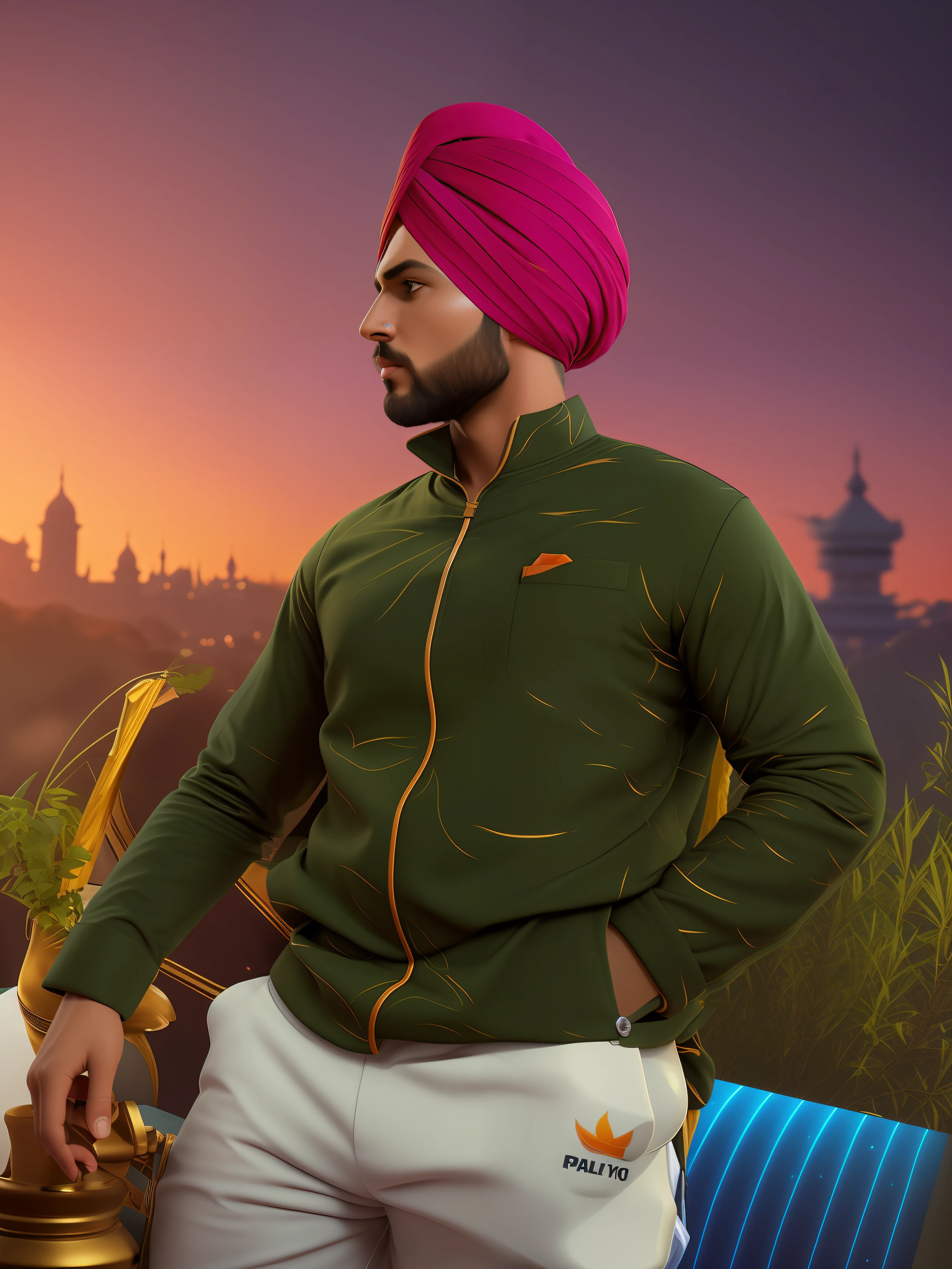 "Modify the background while keeping the face and turban unchanged. Preserve the same face and turban, ensuring 8k resolution. Create an avatar-style profile photo."