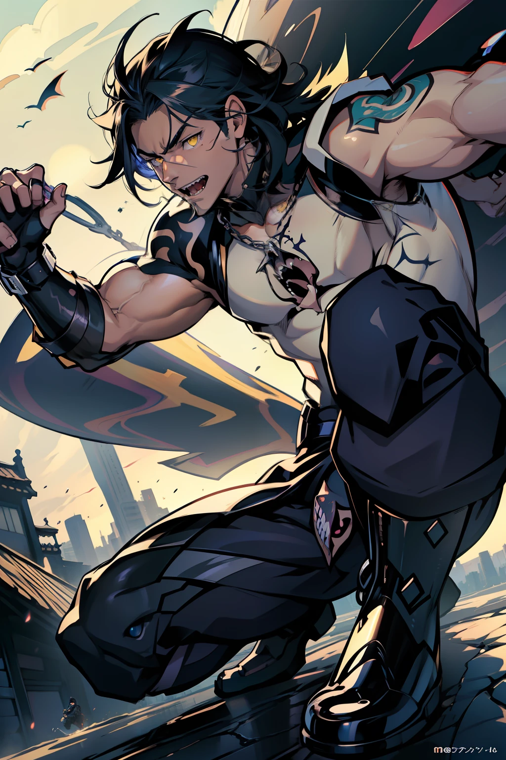 《the original god》Arataki Kazuto , male people,,((Masterpiece)), ((Best quality)), Ultra detailed,((illustration)), Dynamic Angle, Detailed light, (Delicate eyes), Floating, 1boy, Male focus, Head, Clothing, Yellow eyes, necklace, tattoo, (Forehead:0.8), (ahoge:0.8), jewelry, apathy,Ray, chest muscle, Sexy , Venom symbiote for your body, Black mucus of the body , (into venom), Venom,frontage,style of anime4 K, 4K anime wallpaper, Badass anime 8 K, 4 k comic wallpaper, young anime man, Anime boys, Anime wallpapers 4 k, Anime wallpaper 4K, High quality anime art style, Anime moe art style, Anime art wallpaper 8 K, Anime art wallpaper 4 K, RGB lighting