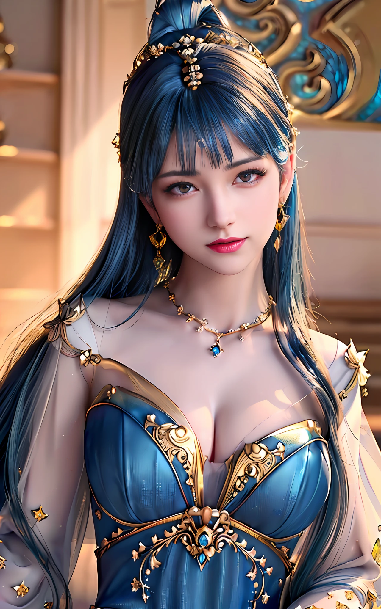 ((realisticity: 1.2)), ((best resolution: 8K UHD)), best quality,masterpiece,highres,cg,
((1 super detailed and super realistic girl)), ((very beautiful queen dazzling, super realistic, and super detailed)),((white skin, beautiful, smooth, youthful, super realistic and super detailed
)), long hair, ((super realistic and super detailed dress)), solo, ((super realistic, super beautiful, gorgeous and super detailed jewelry)), ((super beautiful, super realistic and super detailed dark blue and golden yellow dress)),
((super beautiful, super realistic, super detailed diamond filled earrings)),
((super beautiful, super realistic and super detailed diamond filled hair ornament)), ((super beautiful upper body, super beautiful, super realistic and super detailed)), ((big breasts: 2.5)),
((super grand, super realistic and super detailed royal palace backgroun))
((super beautiful, super beautiful, super realistic and super detailed hair bun)), ((super beautiful, super realistic and super detailed blue hair)),
candid, Photograph, high resolution, 8k,Bokeh,