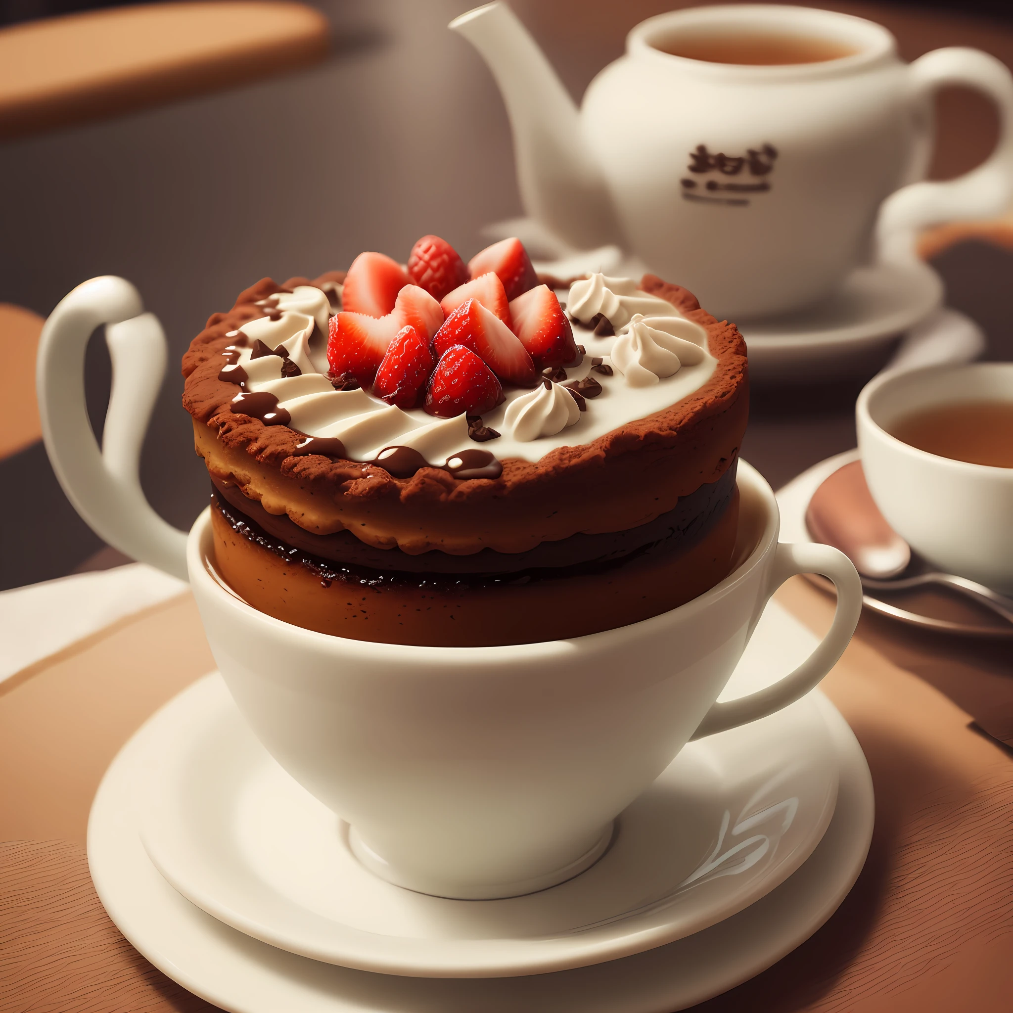 There is a cup of tea with a piece of cake on the table