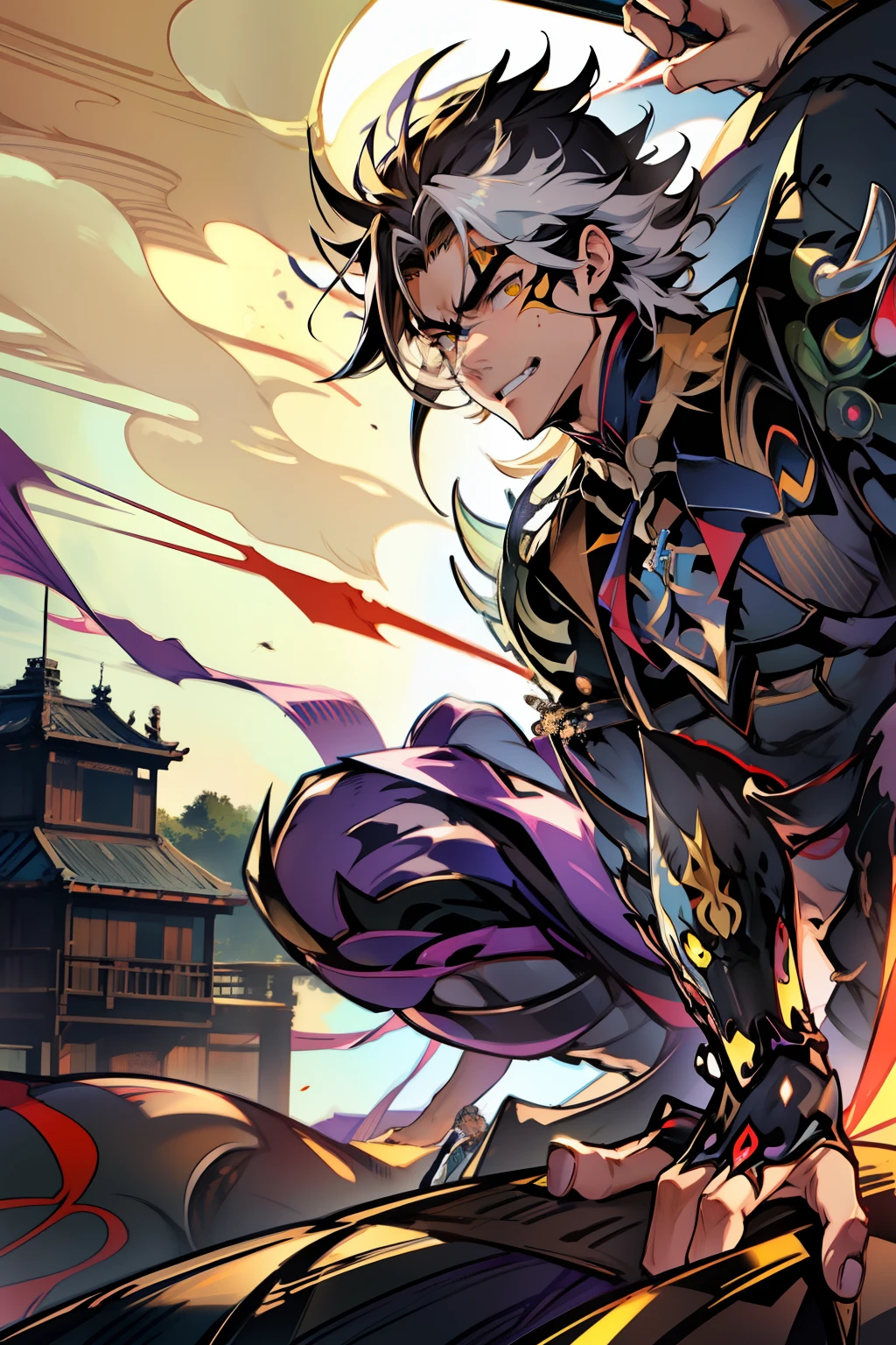 《the original god》Arataki Kazuto , male people,,((Masterpiece)), ((Best quality)), Ultra detailed,((illustration)), Dynamic Angle, Detailed light, (Delicate eyes), Floating, 1boy, Male focus, Head, Clothing, Yellow eyes, necklace, tattoo, (Forehead:0.8), (ahoge:0.8), jewelry, apathy,Ray, chest muscle, Sexy , Venom symbiote for your body, Black mucus of the body , (into venom), Venom,frontage,style of anime4 K, 4K anime wallpaper, Badass anime 8 K, 4 k comic wallpaper, young anime man, Anime boys, Anime wallpapers 4 k, Anime wallpaper 4K, High quality anime art style, Anime moe art style, Anime art wallpaper 8 K, Anime art wallpaper 4 K, RGB lighting