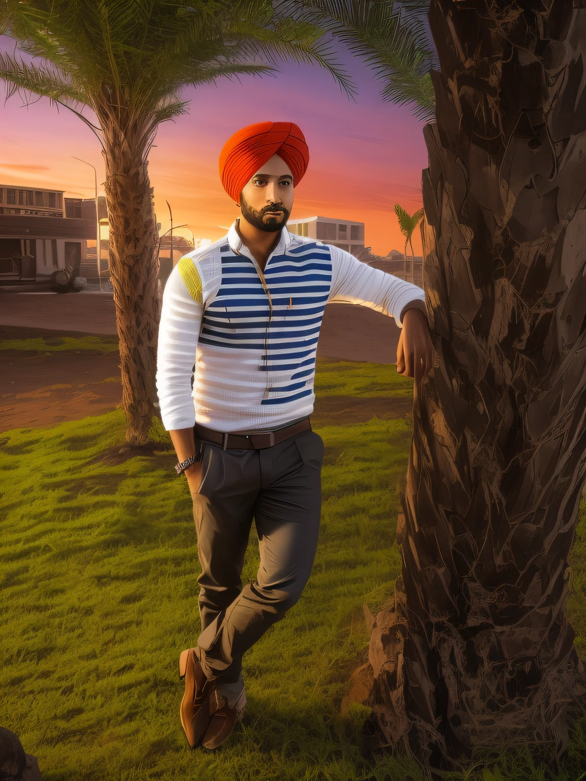 Change the background while keeping the face and turban unchanged. Face and turban remain the same. High-resolution 8k quality. Avatar style suitable for a profile photo.