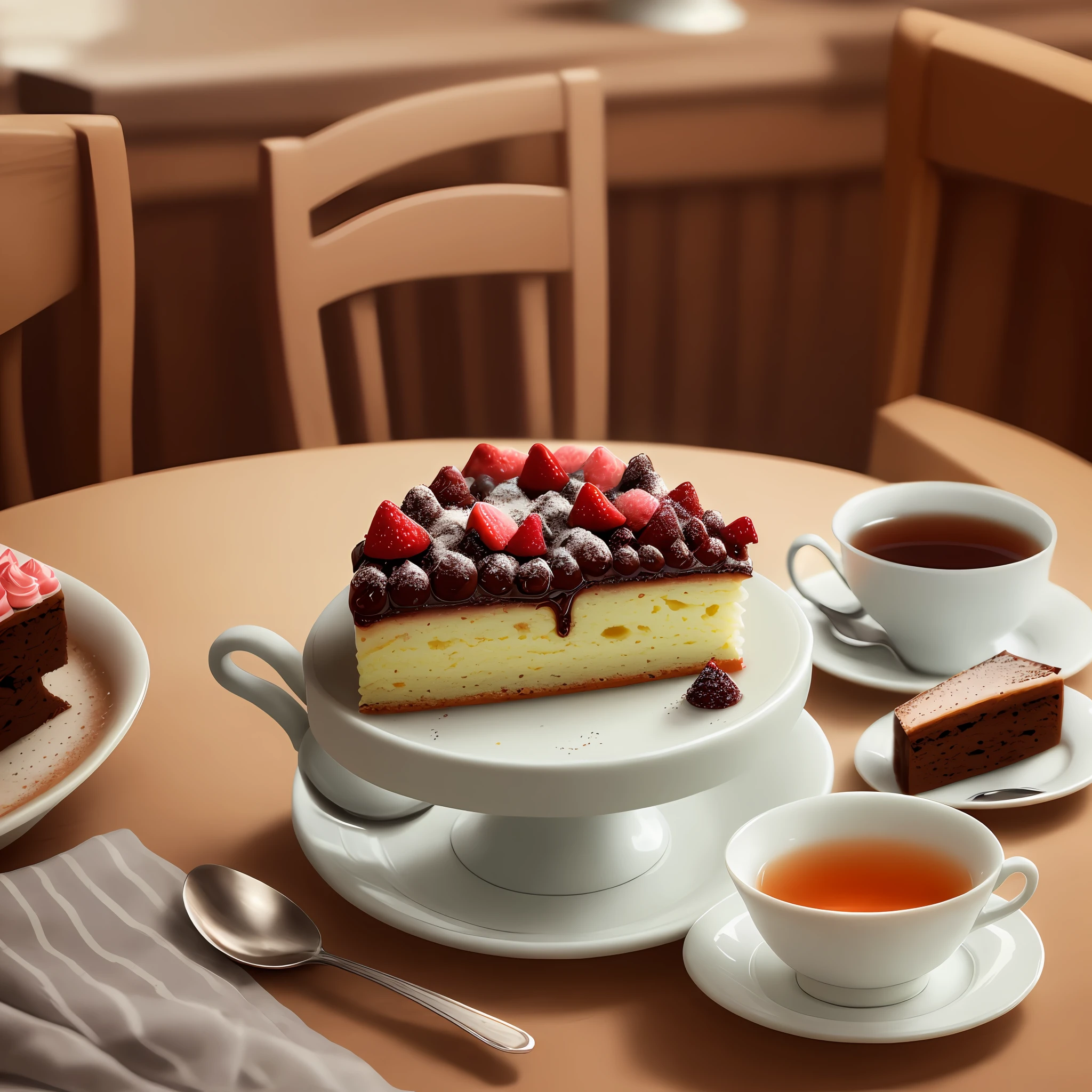 There is a cup of tea with a piece of cake on the table