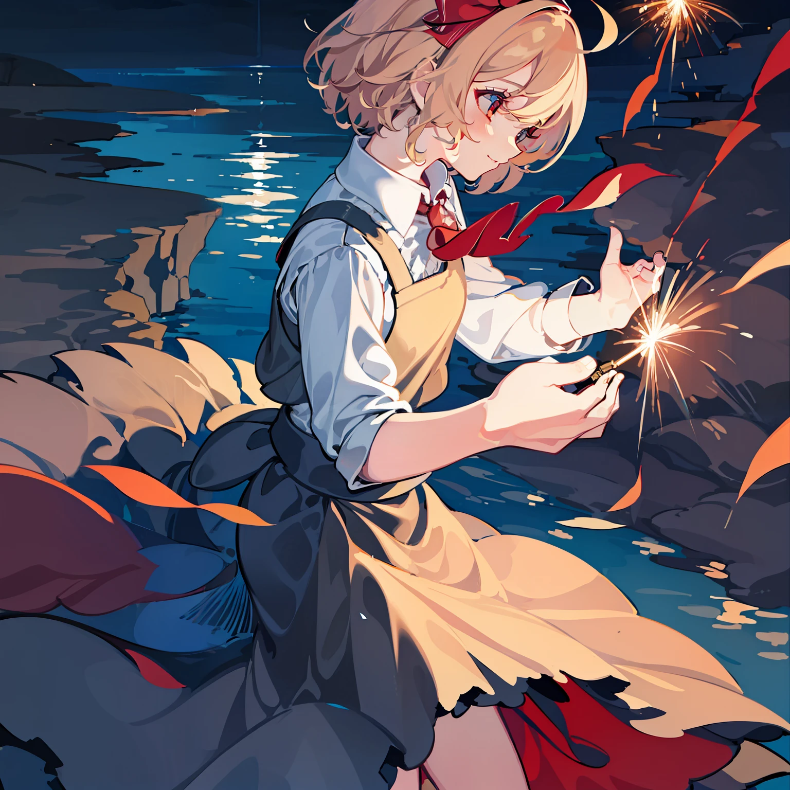 1girl in, rumia, Blonde hair, Red Eyes, Bow, ascot, Shirt, vests, Skirt Illustration of a girl running on sparklers, masutepiece, Fine details, 4K, 8K, 12K, Solo, 1 person, Beautiful Girl, caucasian female, rumia, Blonde, Short hair, profile, Smile, holding a sparkler, Sea, evening,