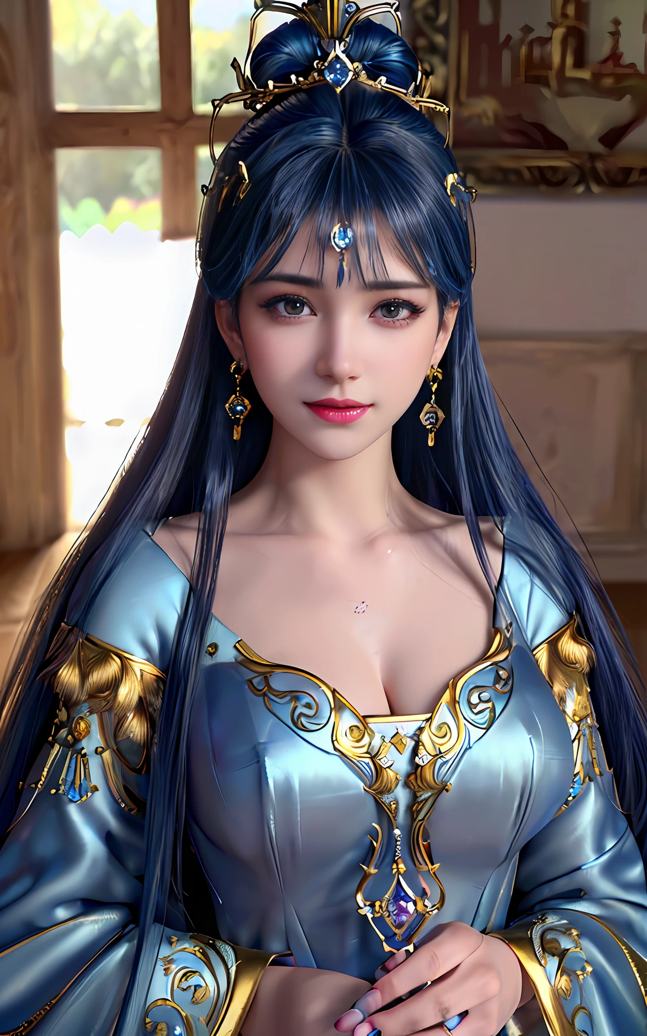 ((realisticity: 1.2)), ((best resolution: 8K UHD)), best quality,masterpiece,highres,cg,
((1 super detailed and super realistic girl)), ((very beautiful queen dazzling, super realistic, and super detailed)),((white skin, beautiful, smooth, youthful, super realistic and super detailed
)), long hair, ((super realistic and super detailed dress)), solo, ((super realistic, super beautiful, gorgeous and super detailed jewelry)), ((super beautiful, super realistic and super detailed dark blue and golden yellow dress)),
((super beautiful, super realistic, super detailed diamond filled earrings)),
((super beautiful, super realistic and super detailed diamond filled hair ornament)), ((super beautiful upper body, super beautiful, super realistic and super detailed)), ((big breasts: 2.5)),
((super grand, super realistic and super detailed royal palace backgroun))
((super beautiful, super beautiful, super realistic and super detailed hair bun)), ((super beautiful, super realistic and super detailed blue hair)),
candid, Photograph, high resolution, 8k,Bokeh,