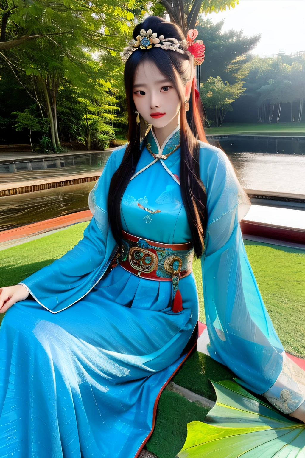 An ancient Chinese beauty, turquoise dress, sitting on a large lotus leaf, lotus, sunshine, clear face, masterpiece, super detailed, epic composition, high quality, highest quality, 4k --v 6