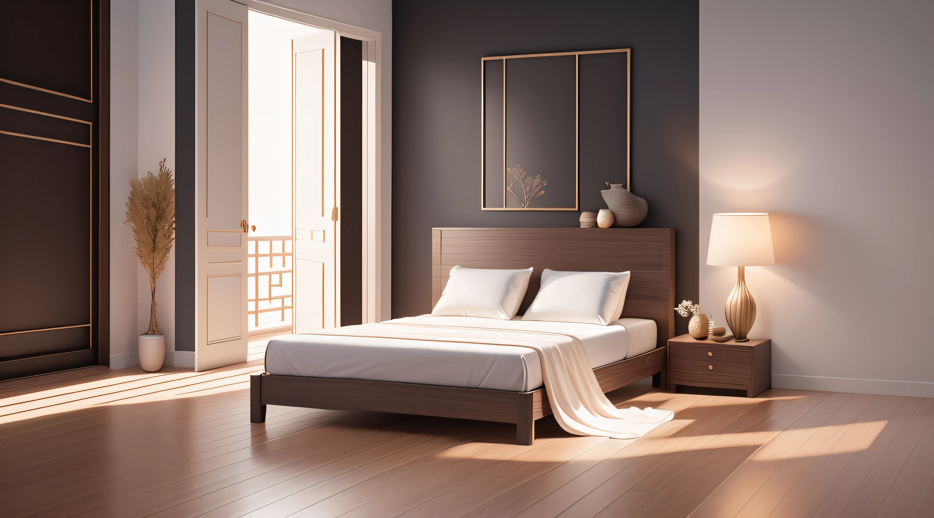 Ultra photo realsisim， tmasterpiece， best qualtiy， ultra - detailed， 超高分辨率， RAW photogr， 8K， Light grey modern bedroom，（Fabric bed），（Fabric Pilo），Brown and white，Charming lighting style，Light gold and light black，Li Shuxing，A fusion of tradition and modernity，Soft atmospheric light，Hard-edged lines，Stone opaque resin panel，wooden floor，窗帘， tmasterpiece，Ultra photo realsisim，32k，the Extremely Detailed CG Unity 8K Wallpapers，best qualtiy