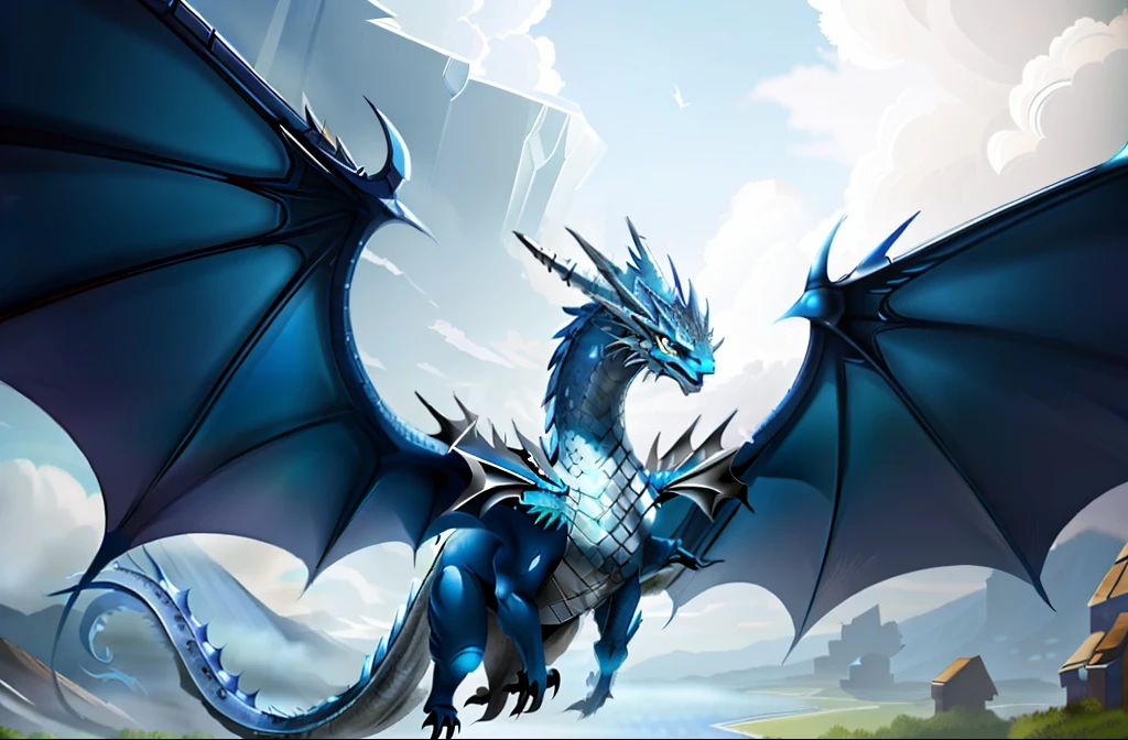 There is a winged blue dragon flying in the sky, Frost Dragon, blue scaly dragon, Blue dragon, colossal dragon as background, epic dragon, Dragon in the background, Legendary Dragon, colossal dragon in background, Dragon inspired blue armor, dragon flying in the background, Crystal Dragon, dragon in dragon lair, wyvern, Dragon Art, Dragons