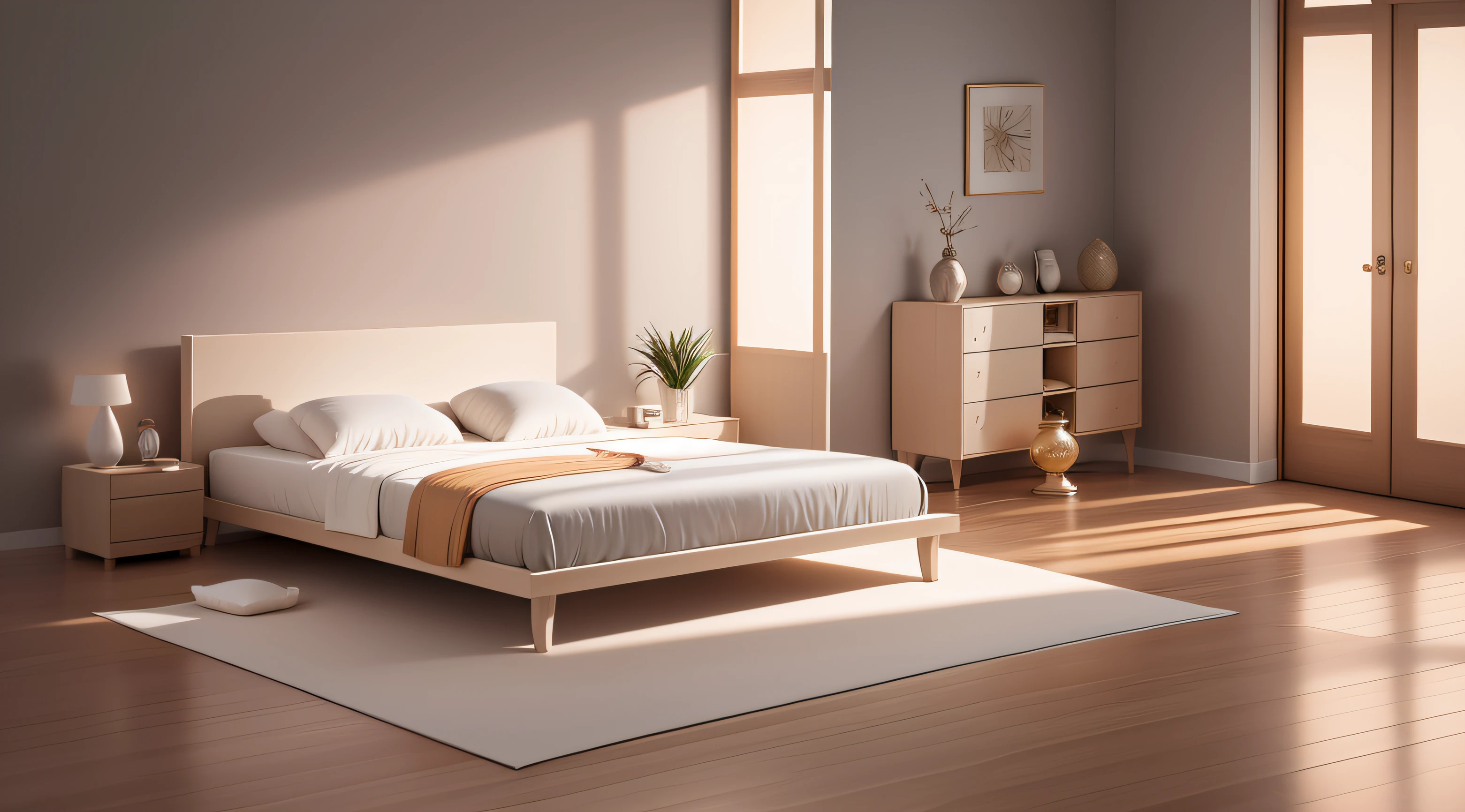 Ultra photo realsisim, tmasterpiece, best qualtiy, ultra - detailed, 超高分辨率, RAW photogr, 8K, Light grey modern bedroom,(Fabric bed),(Fabric Pilo),Brown and white,Charming lighting style,Light gold and light black,Li Shuxing,A fusion of tradition and modernity,Soft atmospheric light,Hard-edged lines,Stone opaque resin panel,wooden floor,窗帘, tmasterpiece,Ultra photo realsisim,32k,the Extremely Detailed CG Unity 8K Wallpapers,best qualtiy