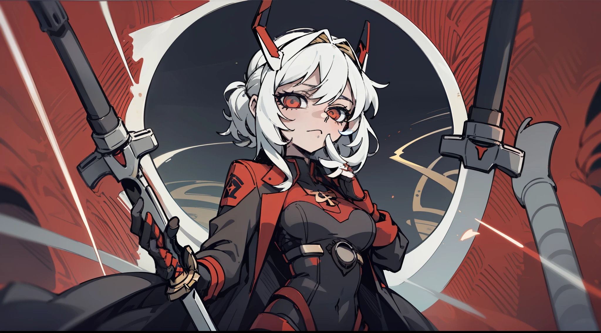 1 girl in, solamente, Ayanami desde Azur Lane, Postura de lucha, Katana en mano, Great massive lightsaber, Espada oscilante, Katana altamente detallada, (Obra maestra), (La mejor calidad), ojos detallados, hermosas manos, Manos rectas, cabello brillante, cabello rubio claro, Cabello largo, cabello lacio, ojos anaranjados rojizos. cuerpo completo, sudoroso, small breasts, En pie, cielo azul, (((armadura espartana roja y plateada de Halo))), En pie, (Rifle altamente detallado),