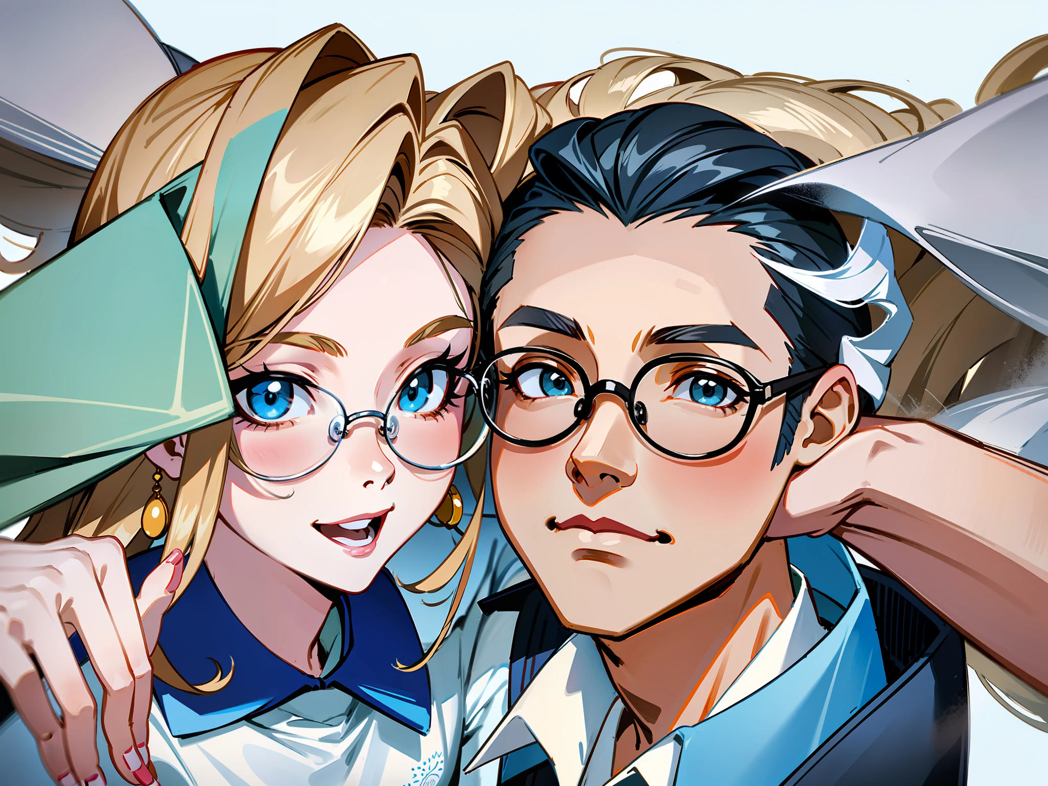 cool guy,Beautuful Women,group picture,Handsome guy with his arm around beauty,Face pressed together,couple,The beauty wears glasses,Handsome guy wearing a watch,having fun,s the perfect face,tmasterpiece,Need。