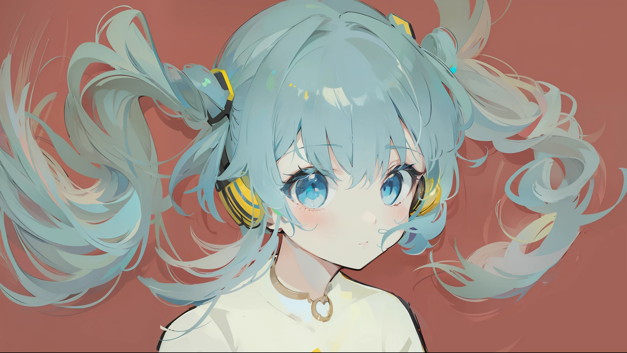 Cute little girl s, only face, Blue hair, Long hair, Twin tail hair, Yellow headphones
