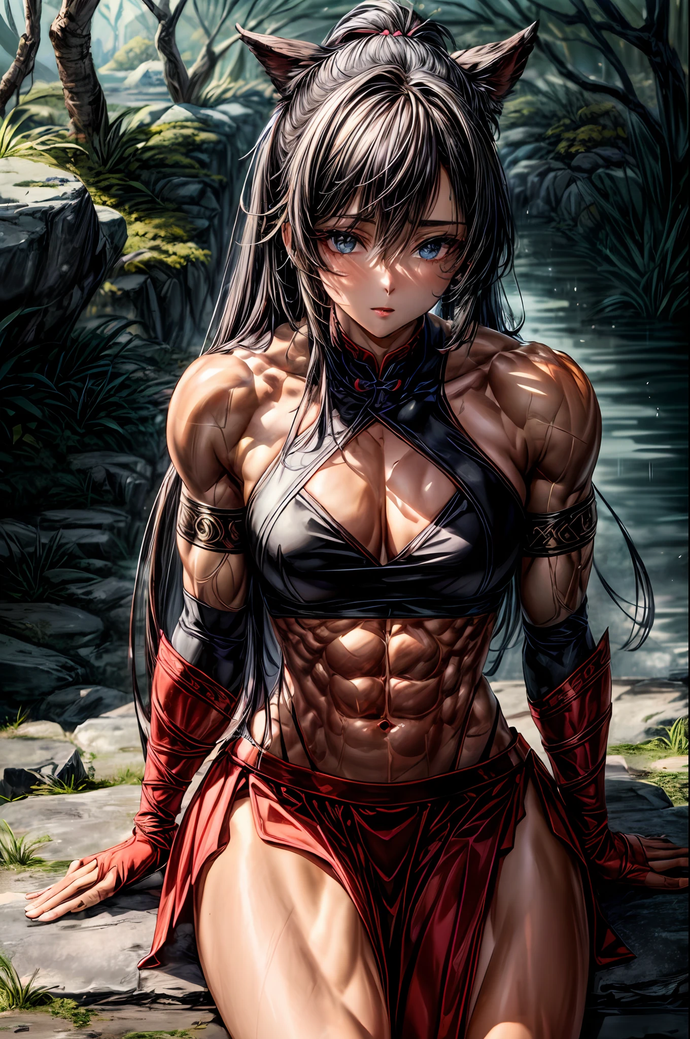 8K, complex, elegant, Highly detailed, Majestic, Digital photography, cowboy lens, surrealism painting, Broken rubies, Beating magic, Entwined fire magic, (Masterpiece, Side light, Fine beautiful eyes: 1.2), hdr, Void 5 Energy Storm, (Chinese girl, Black eyes: 1.5), Pale skin, Glowing skin, ( Sitting on a stone: 1.5), Delicate face, Black hair, Wearing palatial red armor, Bare shoulders, navel, Short skirt, Exquisite red armor, Rained, Beautiful, Looking at the audience, Turn away from the camera, Masterpiece, Upper body,Portrait,Muscular,musculature,Strong,Abs