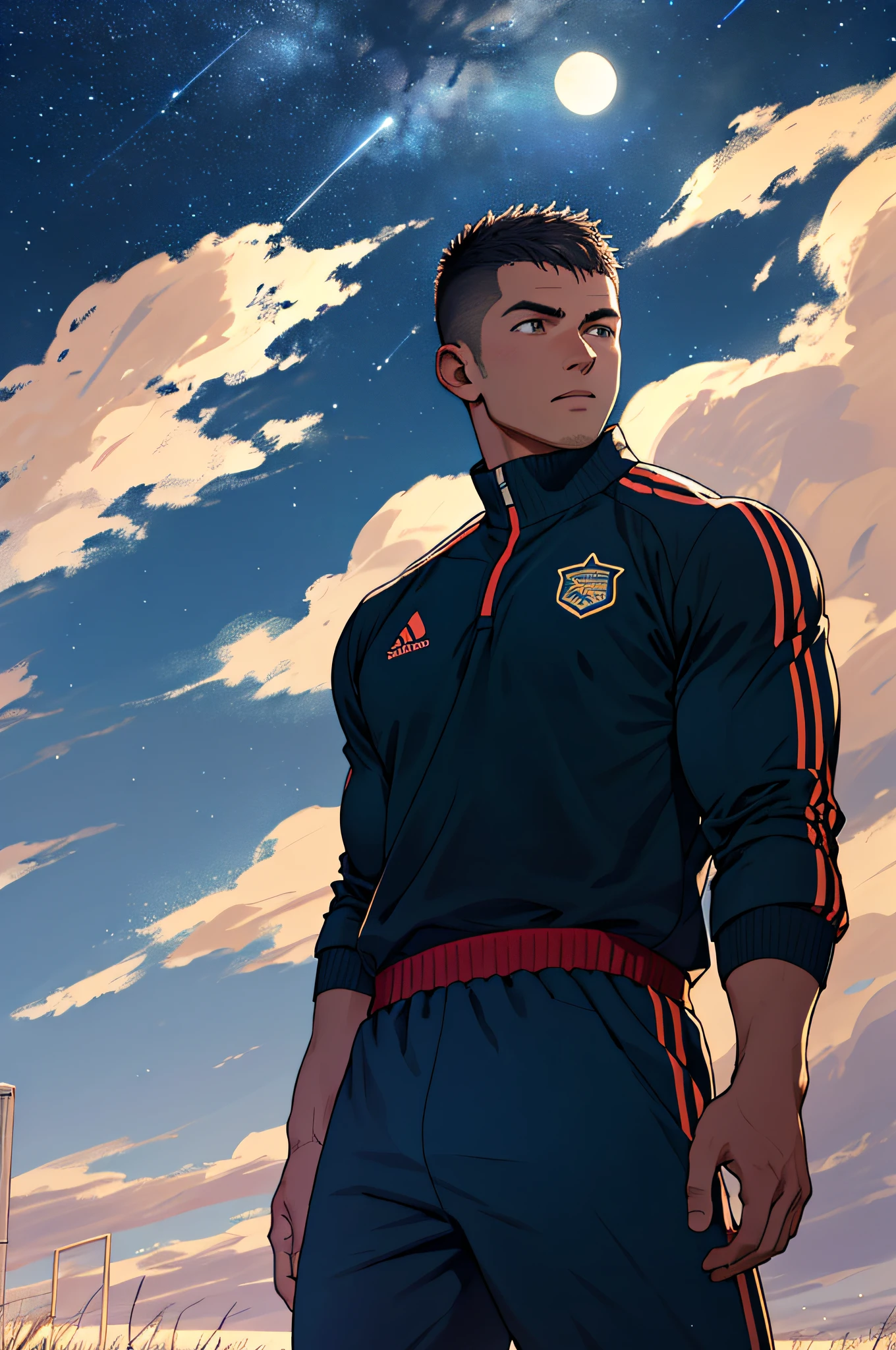 Draw a full-fledged footballer,Standing on the steppe at night,He was wearing a tracksuit,The man looks confident and determined,looking-down,Crew cut,full bodyesbian,Stars dot the sky,shooting from below,Big moon highlights background
