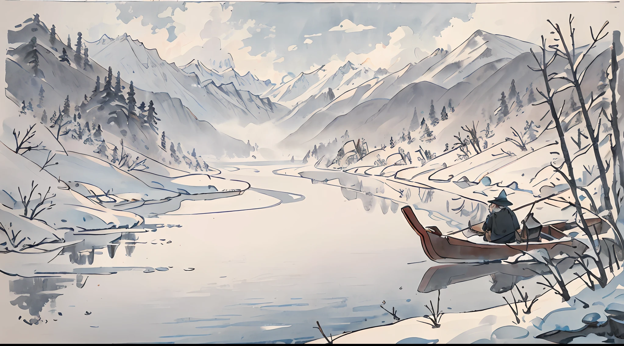 tmasterpiece,HighestQuali,China splashes ink landscapes,Faraway view,独奏,Homem-Imponente,Snowy days,drifting snow,The mountains on both sides are covered in snow,A small boat in the river,An old man fishing on a boat,Focus on fishing,Bamboo weaving bucket hat,Black-brown cape,The ship is about to disappear into the distance,Reflection in the water,Water surface fog,the detail,facing away from the audience