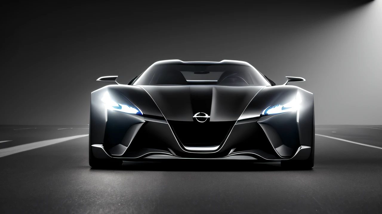 Black sports car with white line close-up,  line sleek，strongman, glass and metal : : onyx, extreme render, cinematic front shot, aerodynamic imposing, Front perspective, prototype car, Concept car, futuristic product car shot, Futuristic car, aerodynamic body, concept ar, hyperreal rendering，4K，tmasterpiece，best qualtiy，Ray traching，movie picture quality，Nissan Motor