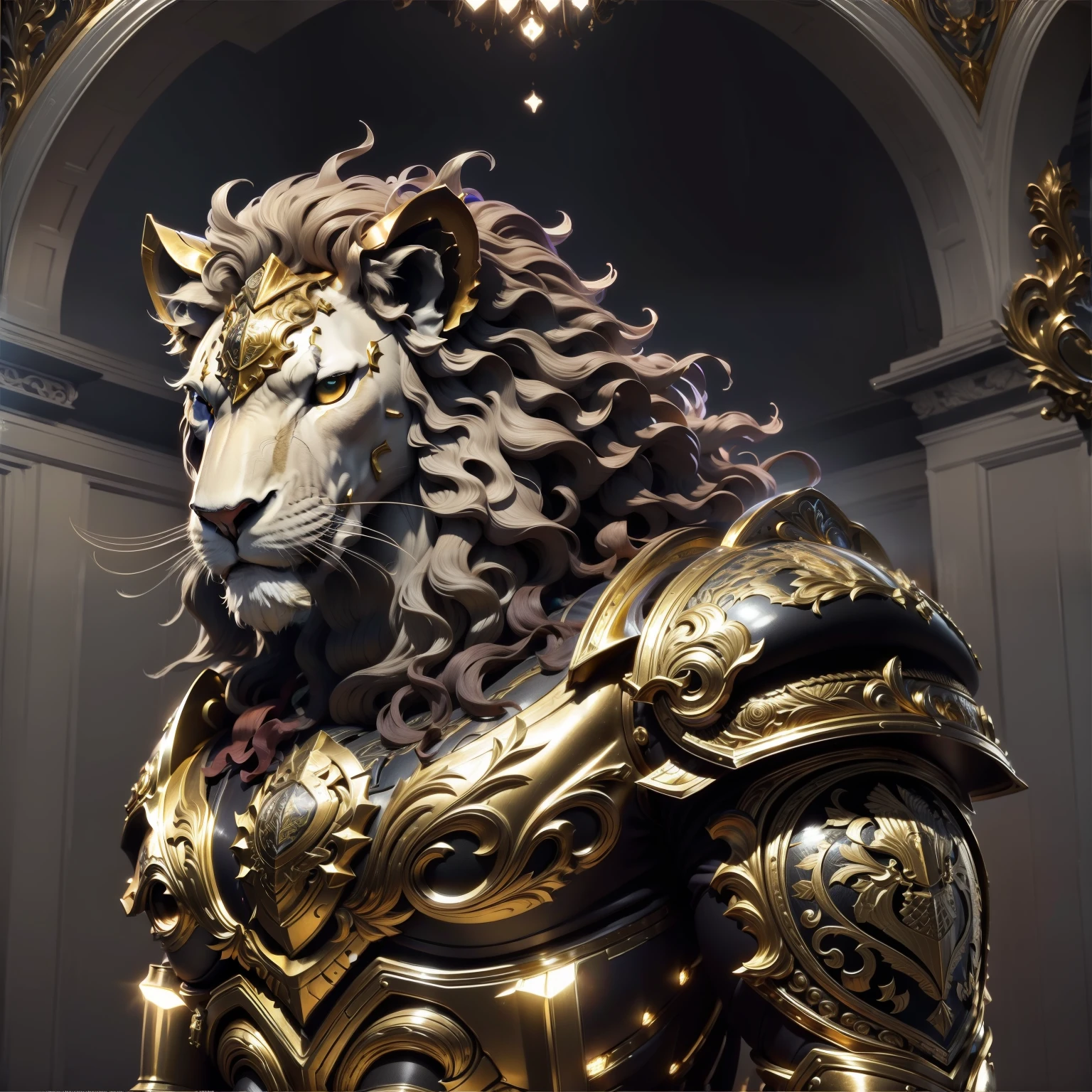 The head and mane of a lion, tem um total de quatro asas, com um par de asas estendidas e outro par enfiado em torno delas, Vestido com armadura brilhante, He is armed with an ornate shield, ((detalhes intrincados) ), HDR, ((detalhes intrincados, hiperdetalhado)), Cinematic Shot, vinheta