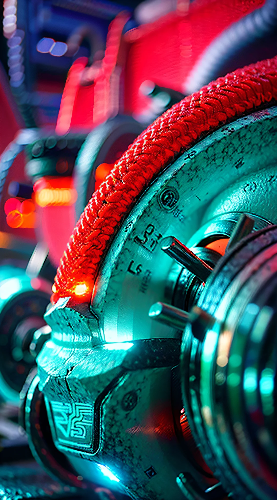 swell sea,Red barbell,Close-up photo of the cover，Cyber background，Close-up of the thruster，closeup cleavage，lifting weights，Highlight close-up photos，3D，C4D，Solid，tmasterpiece，best qualtiy，