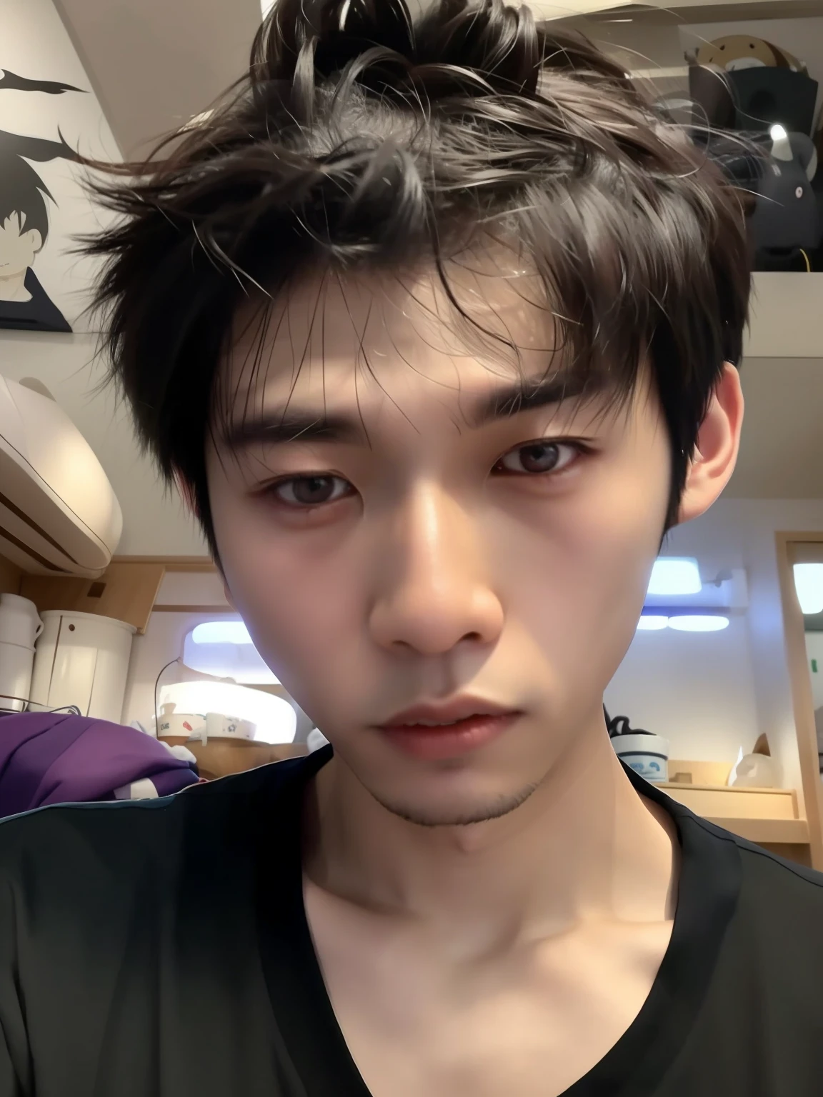 There is a messy hair,Man in shirt, handsome japanese demon boy, South Korean male, 2 , Look at the camera intently, young cute wan asian face, 1 7 - year - old boy thin face, 2 8 years old photograph, 2 2 years old, selfie sh on angle, Male ulzzang