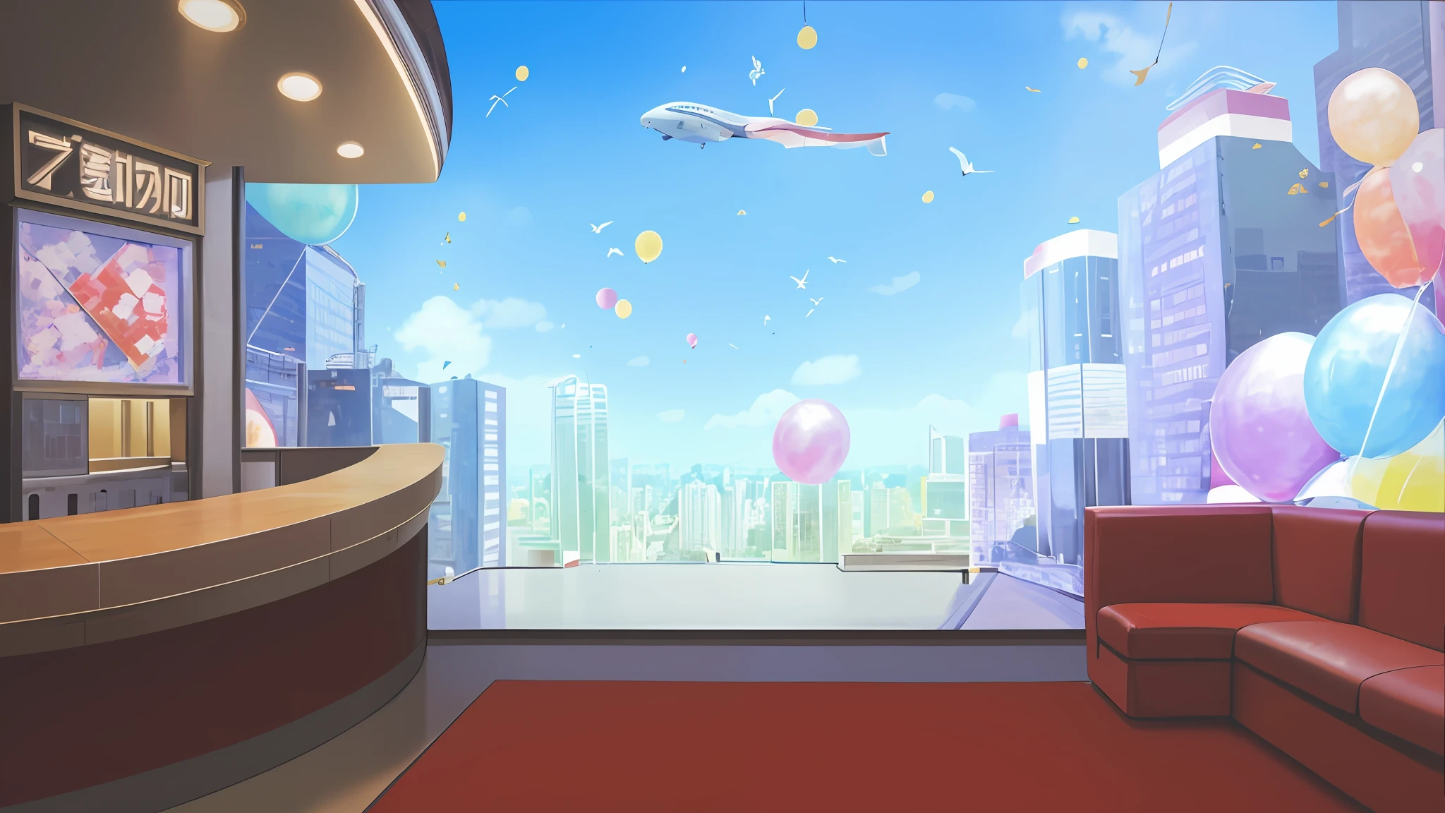panorama,landscape,(((high quality))),highly_detailed,extremely_detailed_CG_unity_8k_wallpaper,illustration,highres,absurdres,High saturation,building, album_cover, architecture, balcony, blue_sky, bar counter,LED screen, red leather sofa, building,floor to ceiling windows,city, cityscape, cloud, cloudy_sky, day,real_world_location, rooftop, scenery, sky, skyline, skyscraper, tokyo_\(city\)
