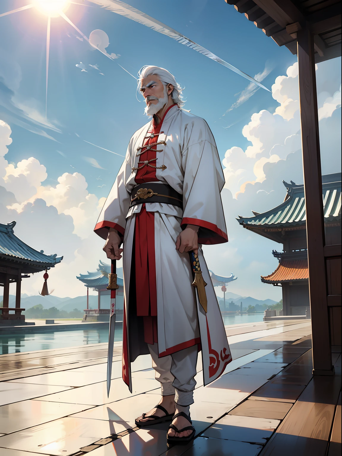 White-haired old man,white facial hair,Tang suit,Palace Museum,long sword,standing on your feet,The eyes are sharp,Cloudy weather,suns