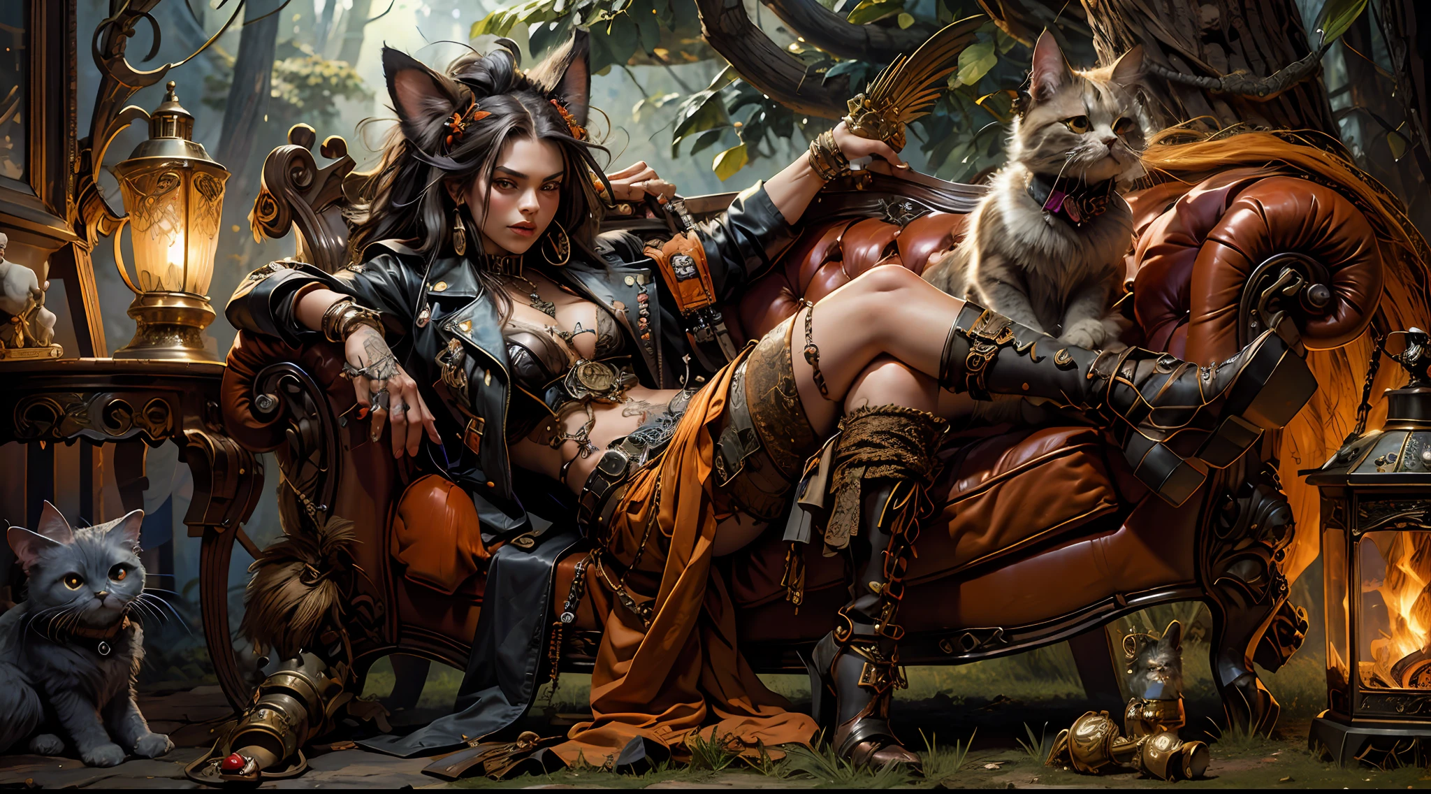 Hyper-detailed painting, Jean-Baptiste Monge style, persian cat Anthropomorphic, steampunk ,, , studded leather jacket with intricate ornamentation orange and purple , pirate steampunk theme,, , highest quality,, very angry face, body fitness, full body, long hair with braids , in the forest with butterflies