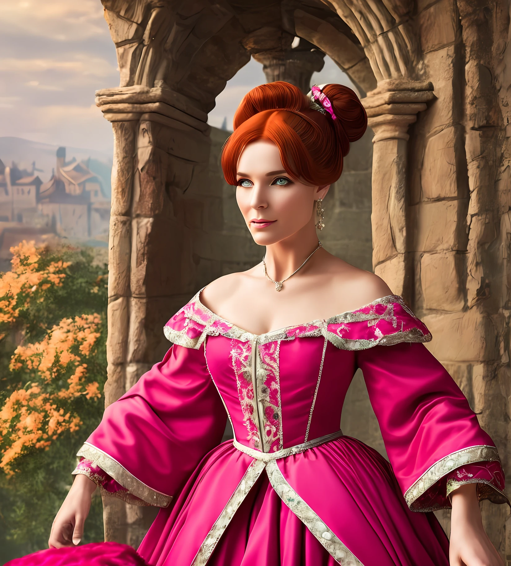 Woman in her 50s with red hair, her hair tied in two exaggerated buns, heavy makeup and a pink medieval noble dress. realistic image, high quality --auto --s2