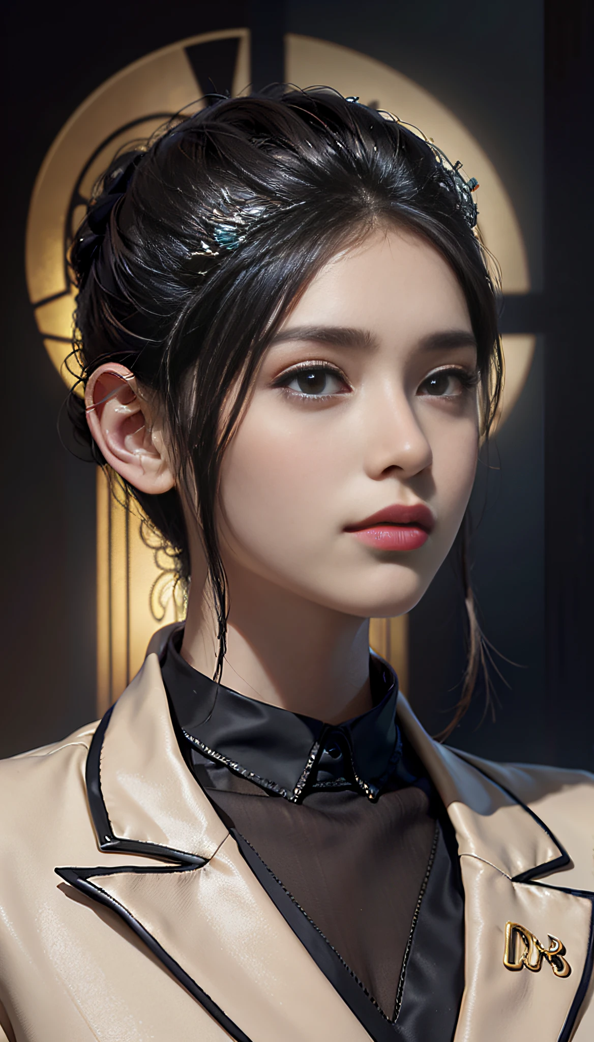 Surrealist portraits of women by David Hockney and Alphonse Mucha，Fantasyart，photographrealistic，动态照明，art  stations，poster for，Volumetriclighting，Very detailed faces，4 k''，Award-Awarded，，1girll，in the darkness nigth，deep shading，low tune,(formal outfit:1.4),A ball head，Solid background color，No collar，Whitish skin