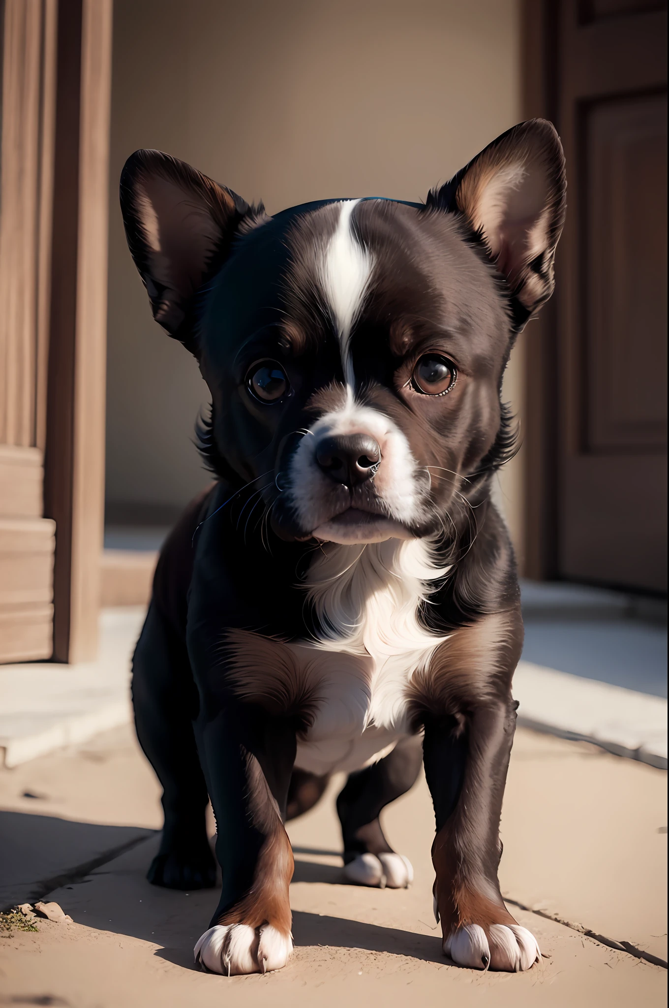 There is a small brown dog, black and white standing on the sidewalk, imagem ultra realista, super altamente detalhado, fotorrealista altamente detalhado, Foto de um altamente detalhado, foto altamente realista, [ Fotorrealismo 4K ], extremely detailed frontal angle, renderizado em corona, foto de retrato detalhada, em estilo de ultra realista, retrato ultra detalhado, muito alto detalhamento