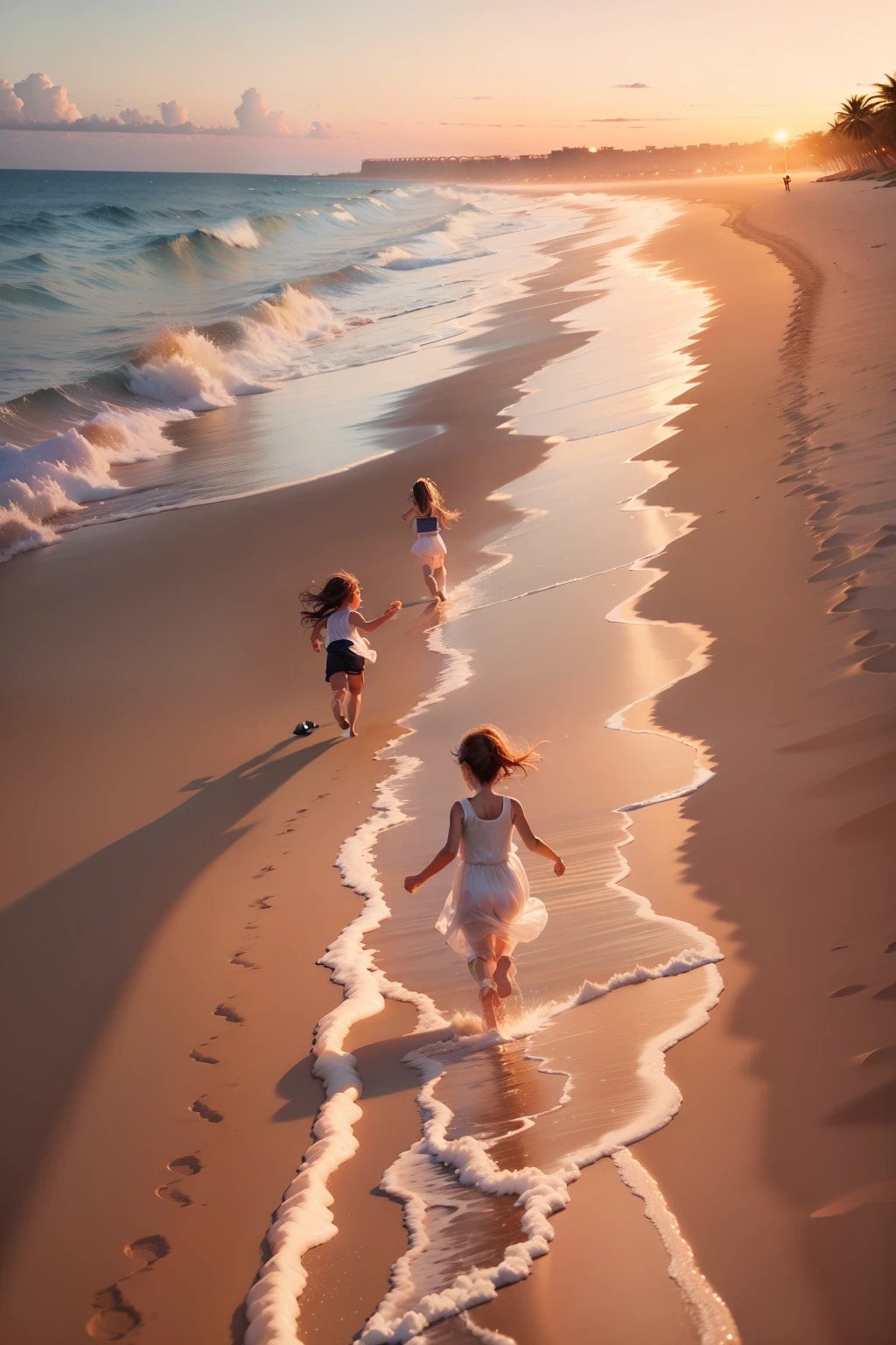 beachside,early evening,Warm orange glow,Two little babies running on the beach,Wearing a white dress,Glowing,3Dtrue,cute-style,Soft cute style,Beautiful and romantic,8K,3Drenderingof