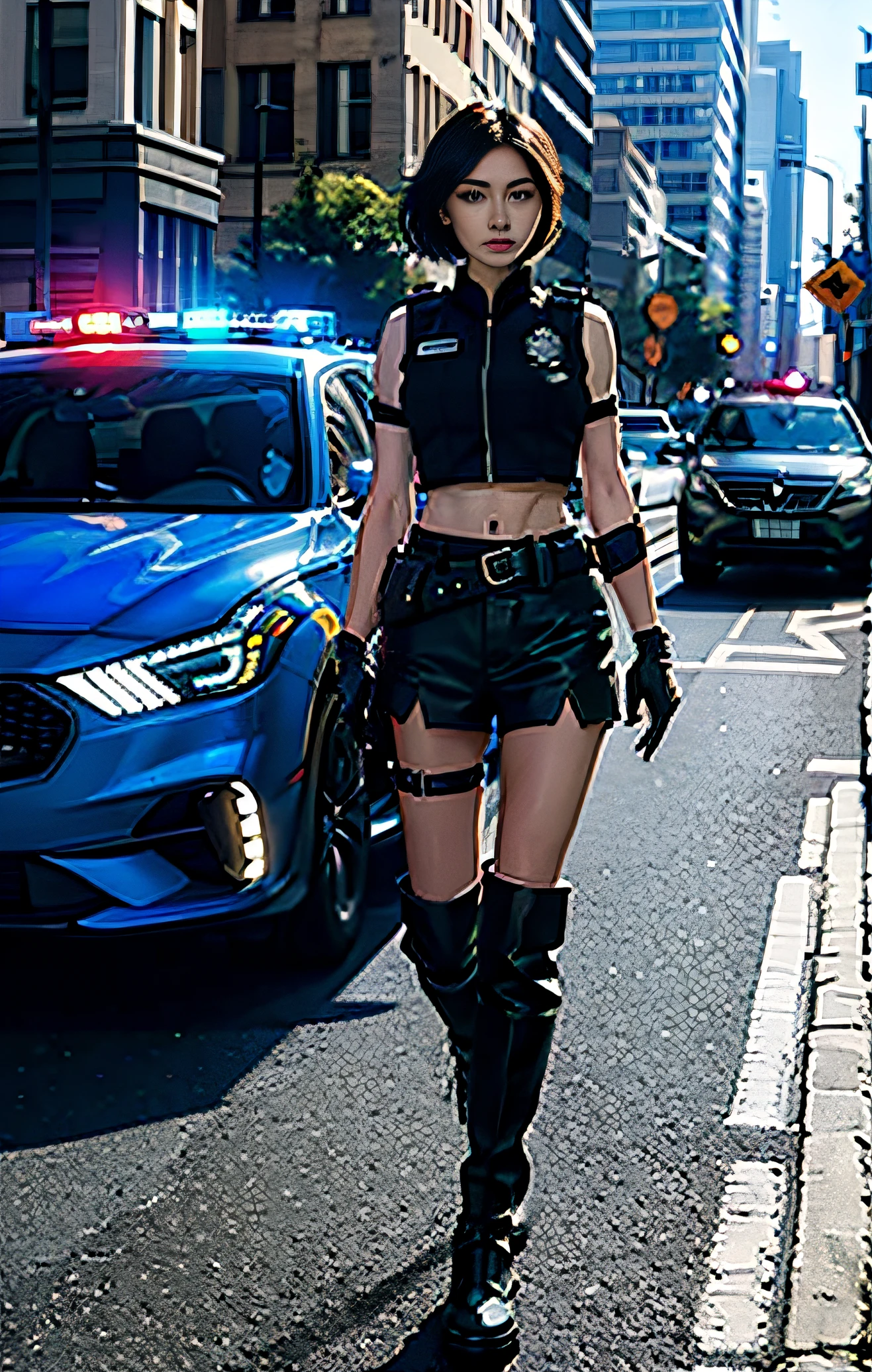 offcial art，the Extremely Detailed CG Unity 8K Wallpapers，best qualtiy，tmasterpiece，A high resolution，Pretty Girl Criminal Police，short detailed hair，Black crop top vest，Brown belt，Pistol holster on the thigh，Body armor，Tactical gloves，Black miniskirt，Police uniform style，Black long-barreled flat boots，Police badge on the chest，police cars，Long legs ，Wear boots