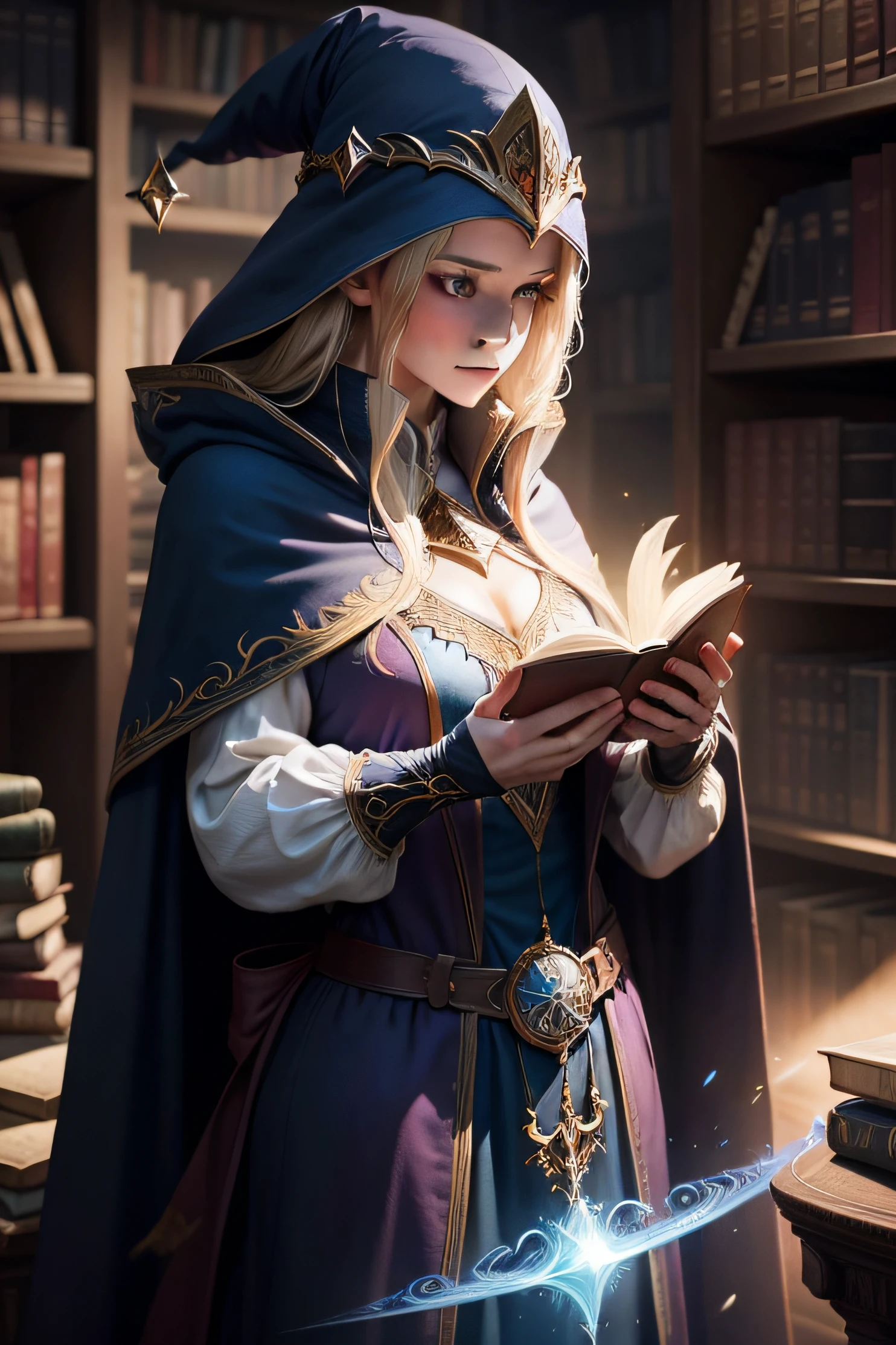 magicle world,sorceress woman,Wizard costume bookshelf,Mysterious cloak,Wizard's Hat