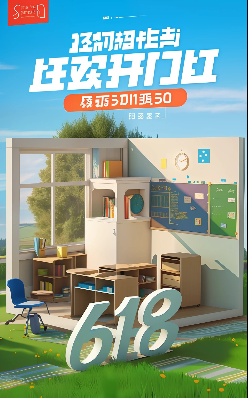 There is a poster,Bottom meadow，Blue sky above，There is a classroom in the middle of the picture，There are windows in the classroom，blackboards，classroom desk，book，There are hour clocks on the walls, Official product image，C4D