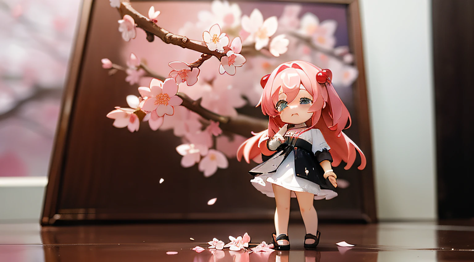 Doll standing in front of the painting、bionde、Crying face、Wiping tears、Close your right eye、Sengai、pixiv、rokoko、dollfie dream、watercolor Nendoroid、(High Definition Figure)、flowing sakura-colored silk、nendroid、,Cherry blossom petals、Flowing cherry blossom silk、season!!: 🌸 ☀ 🍂 ❄