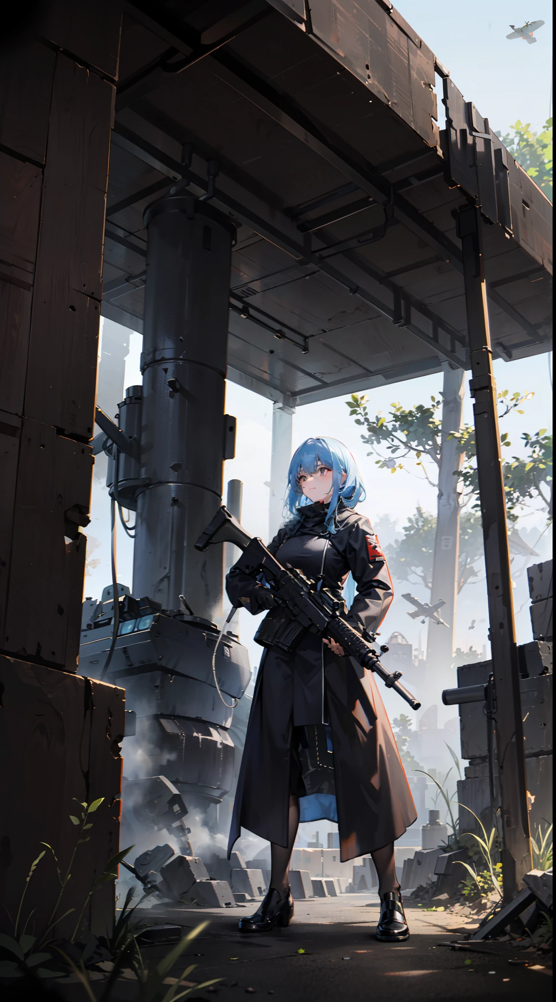 (War zone),Beautiful wallpapers,Encounters in the dense rainforest,(Mechanical girl),assault rifle,a black cloak,Handsome,modern warfare,(Gunships fly in the air)
