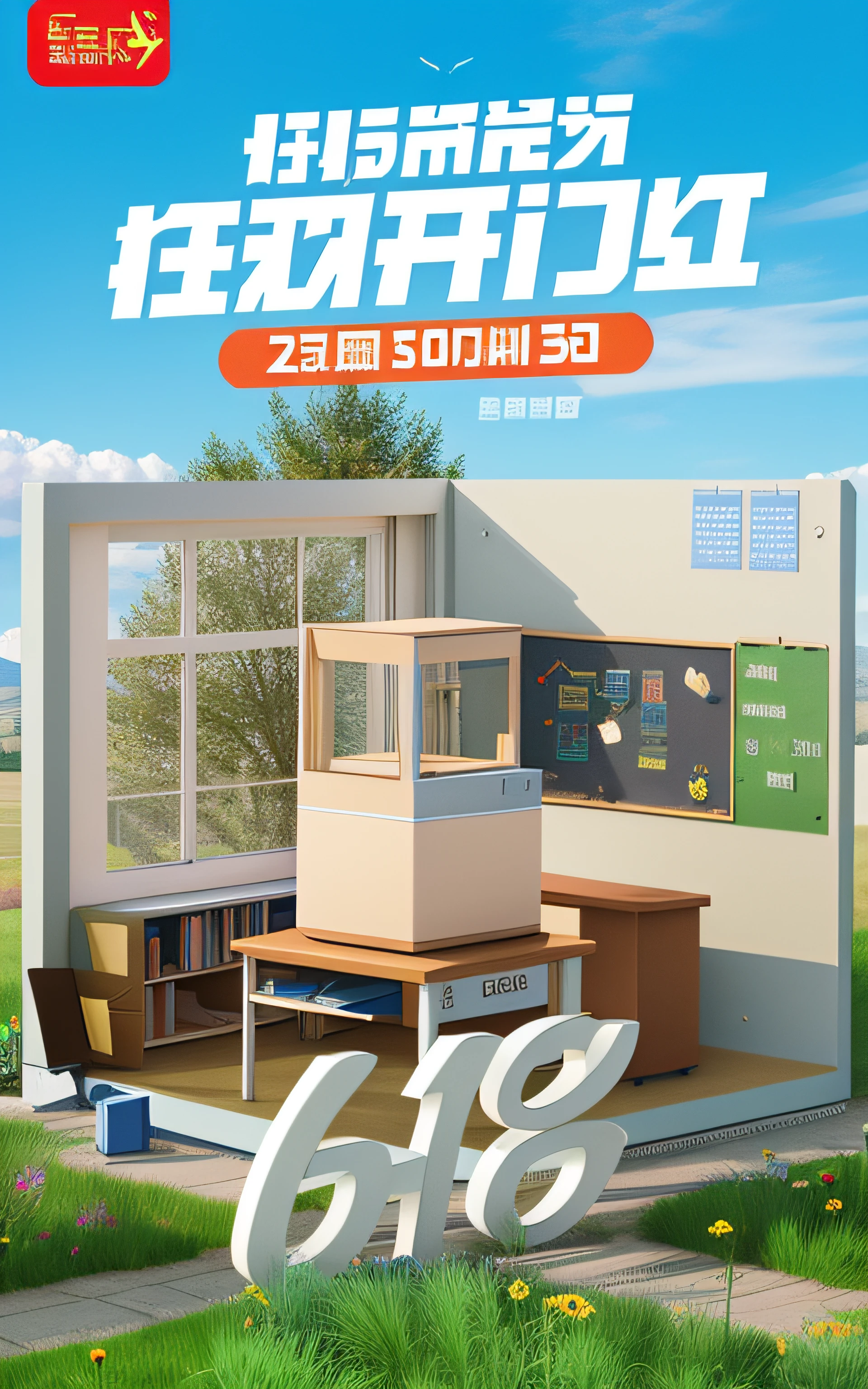 There is a poster,Bottom meadow，Blue sky above，There is a classroom in the middle of the picture，There are windows in the classroom，blackboards，classroom desk，book，There are hour clocks on the walls, Official product image，C4D