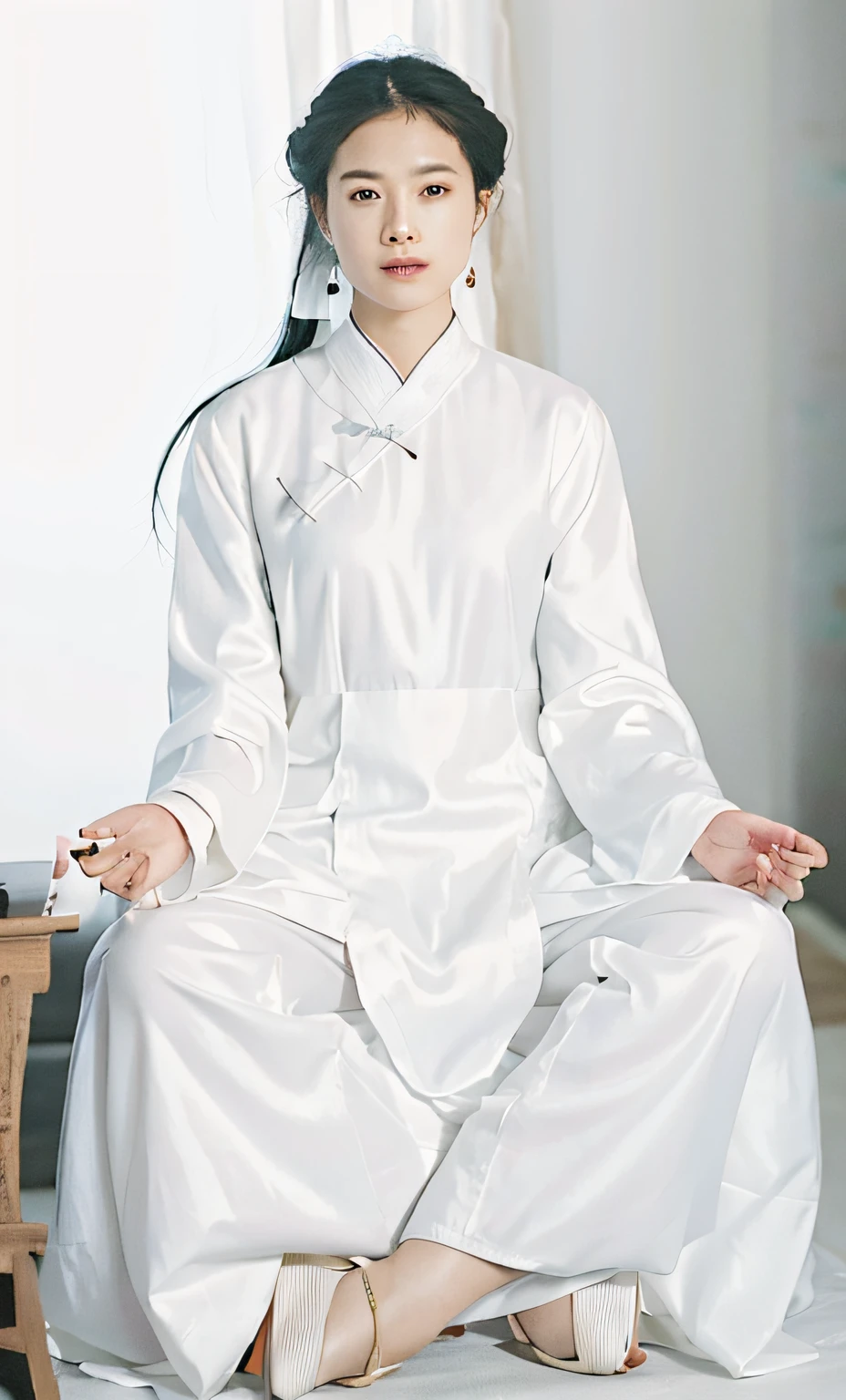 sitting in a meditation position，Woman with hands crossed, with acient chinese clothes, long white robe, white silky outfit, Wearing white silk, White tunic, loose - fitting blouses, casual white garment, smooth white tight clothes suit, White clothes, white daoist robes, Traditional Chinese clothing, White clothing, white trendy clothes, wearing white clothes