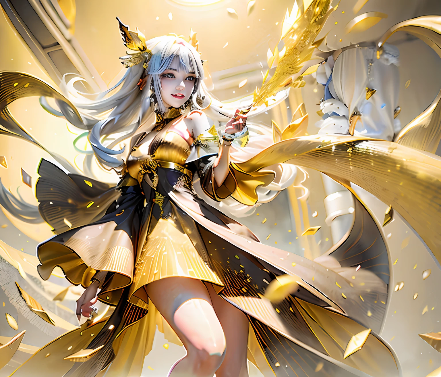 Wearing a gold gradient dress,She has silver hair,Surrounded by yellow crystals,ssmile,Hair tied up,Big eyes。