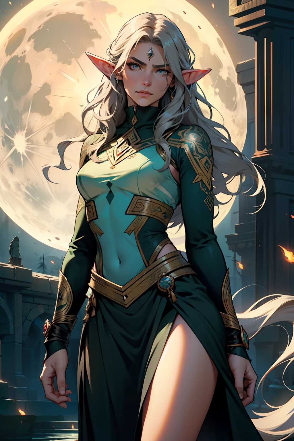 The facial features are clear and three-dimensional,Masterpiece,Highest quality,Elven female, Hot figure, Green long hair,Big wavy hair, bronze skin,heroic look, Beautiful and determined, Feminine,Strong,, shaman,Tattooed with,Facial details, The face is delicate,Beast animal skin skirt,assassins,ninjartist,hitman,tightsuit,Red dagger,moon full,