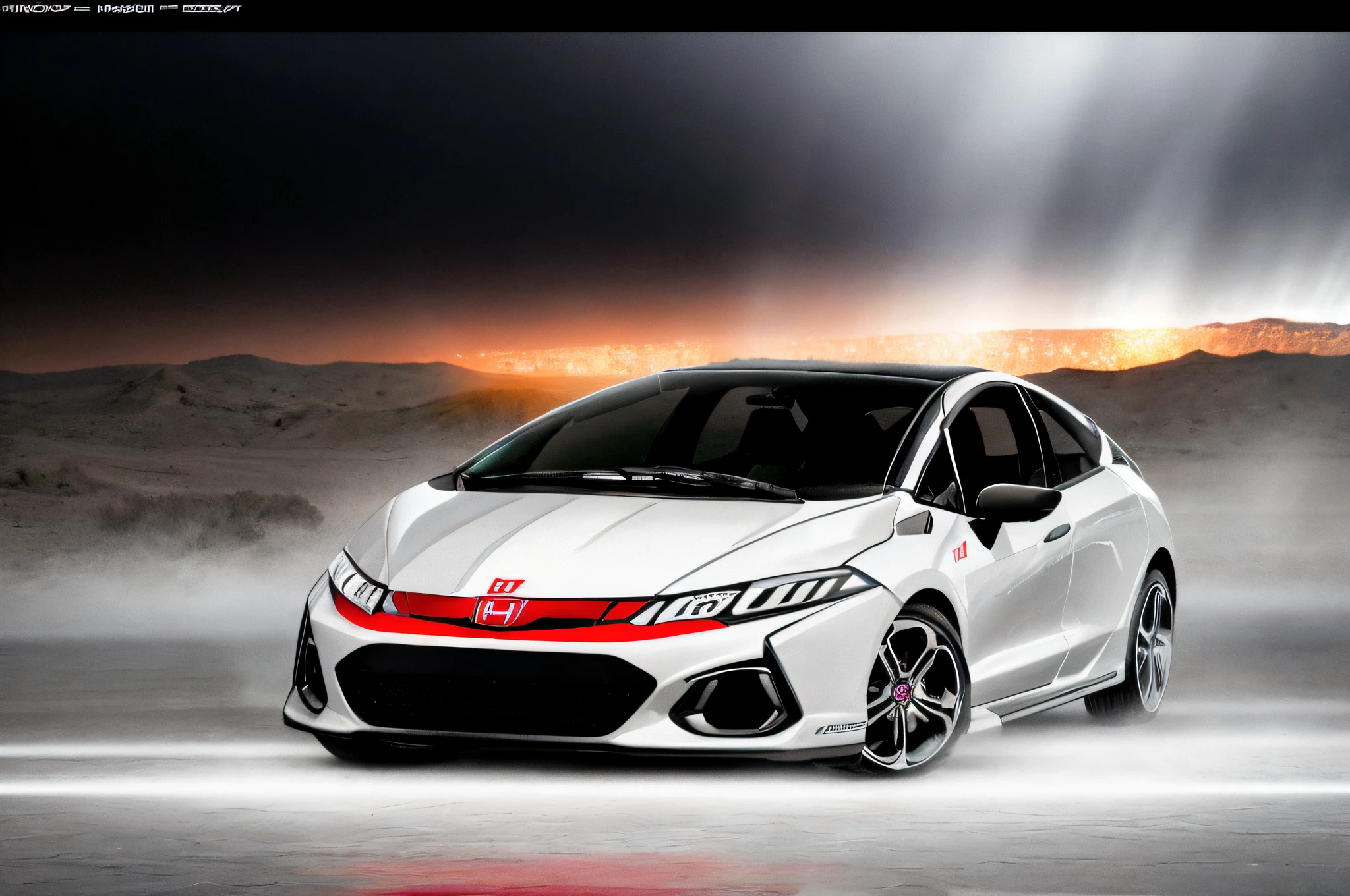 Digital Imaging. ((Car Honda Jazz GK)), ((White Fierce)), On an empty outdoor desert, heavy rain, fall, On beautiful light in a cloudy sky., Neon signs on dark nights, Winter Night, snowfall, Foggy Night, strong rim light, Smooth contrast, Lightning lightning strikes in stormy skies, 8k UHD, DLSR, strength,  Fujifilm XT3, high-detail, Great composition, Cinematic concept art, dramatic light, Art Trends by Kaiwan Shaban, James O'Brien, Vadim Ignatiyev,