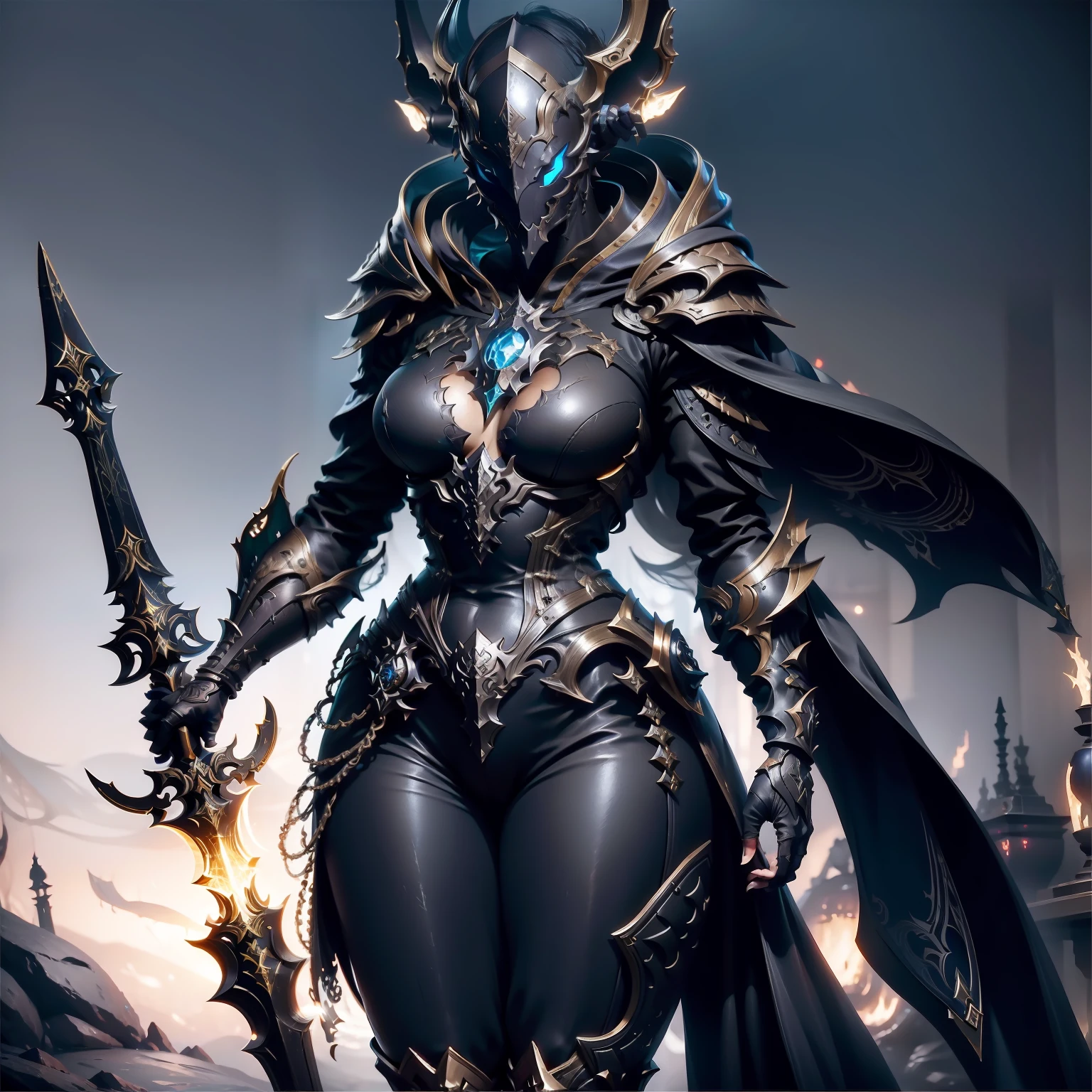 a closeup of a person with a sword and a demon as costume, ffxiv heavensward, Final Fantasy Conceito de Arte, rsrs, arte conceitual warframe, O Senhor das Trevas Sauron, personagem de final fantasy, Arte conceitual Infinity Blade, final fantasy fan art, ARTORIAS, Armadura Daedric, armadura preta afiada, arte infestada de warframe