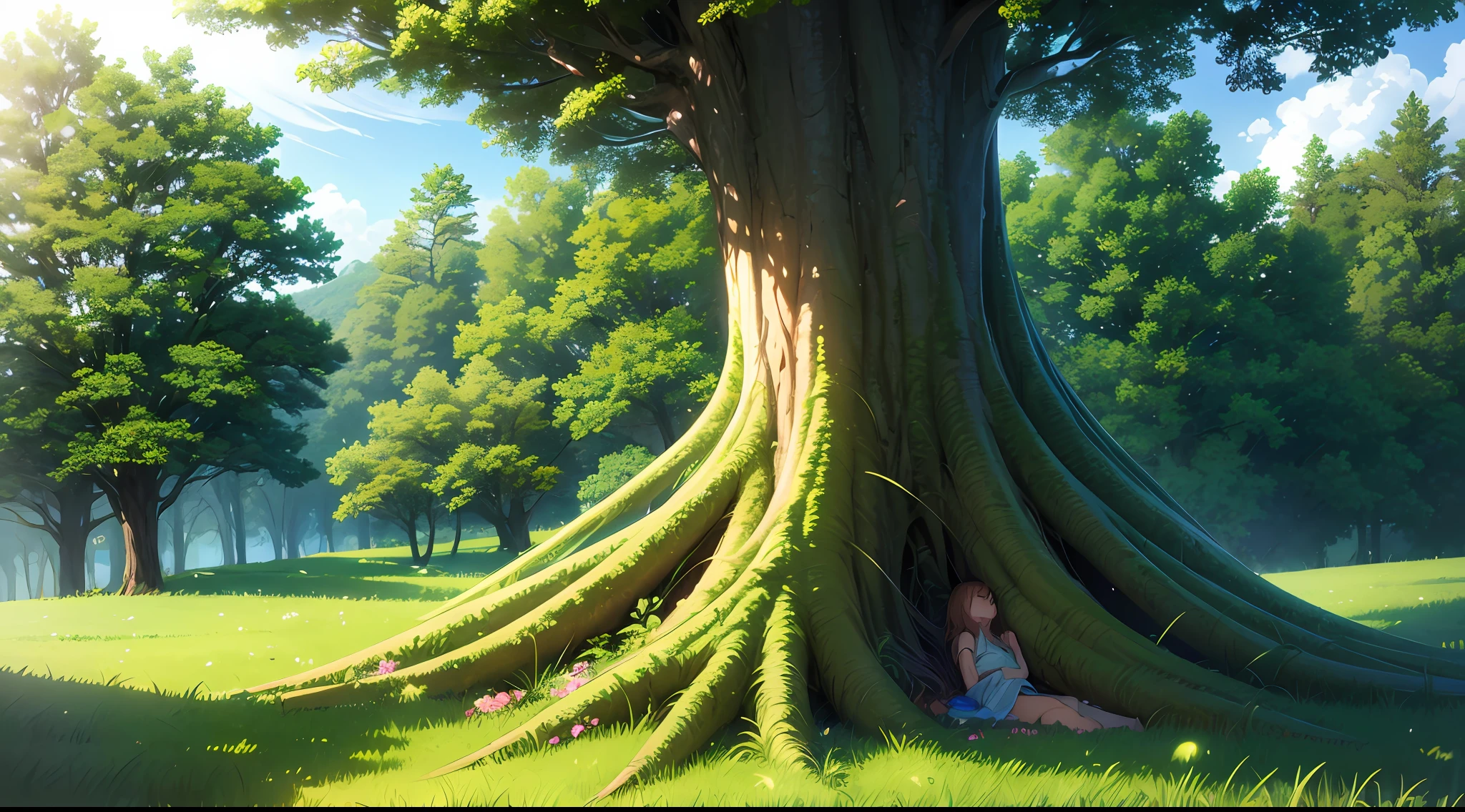 2.5d anime illustration, (1 girl), One big tree on hilltop background, (Sleep under the tree), Sleeping Bird, Spring sunshine, Domination and silence, atmosphere, hyper real, ultra fine detailed skin, ultra quality, cinematic still, 16k, conceptual contrast, natural lighting, extremely finely detailed, epic high quality, insanely beautiful illustration,