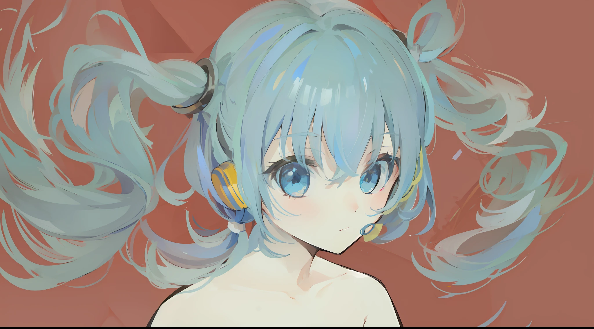 Cute little girl s, only face, Blue hair, Long hair, Twin tail hair, Yellow headphones