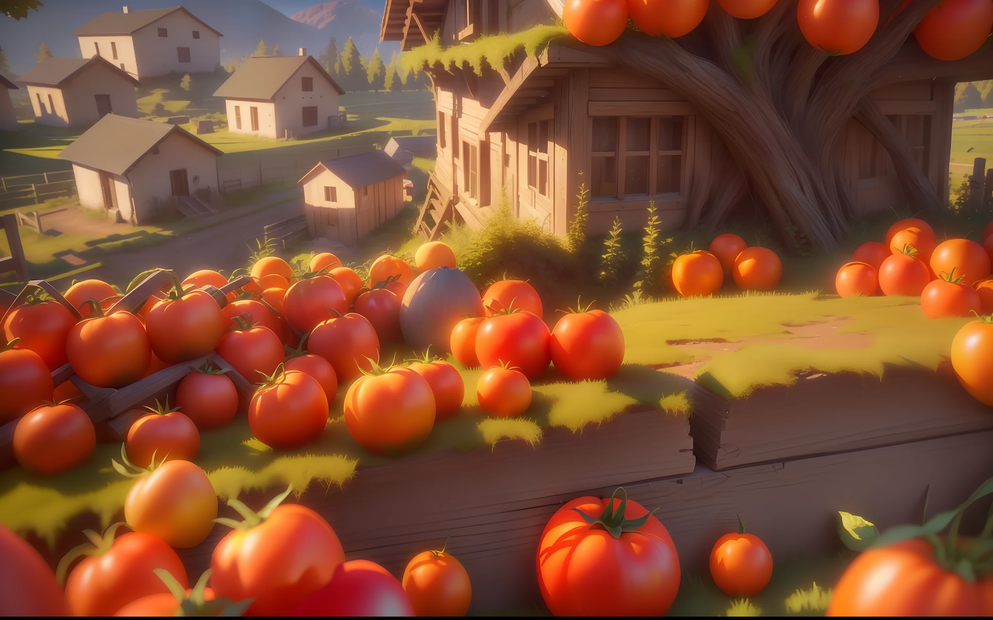 tmasterpiece, best qualtiy, Close-up scene of grass,Microscopic perspective, 8K, centered composition, Magic Forest,There are a lot of tomatoes on the ground in front of the house, Tomato farm background,(Tomates:1.4), Pomodoro patch, realistic scene, Global illumination. vfx, CG art, hyper detailed scene, hyper photorealistic raytracing, photo-realistic unreal engine, villages , illusory engine,