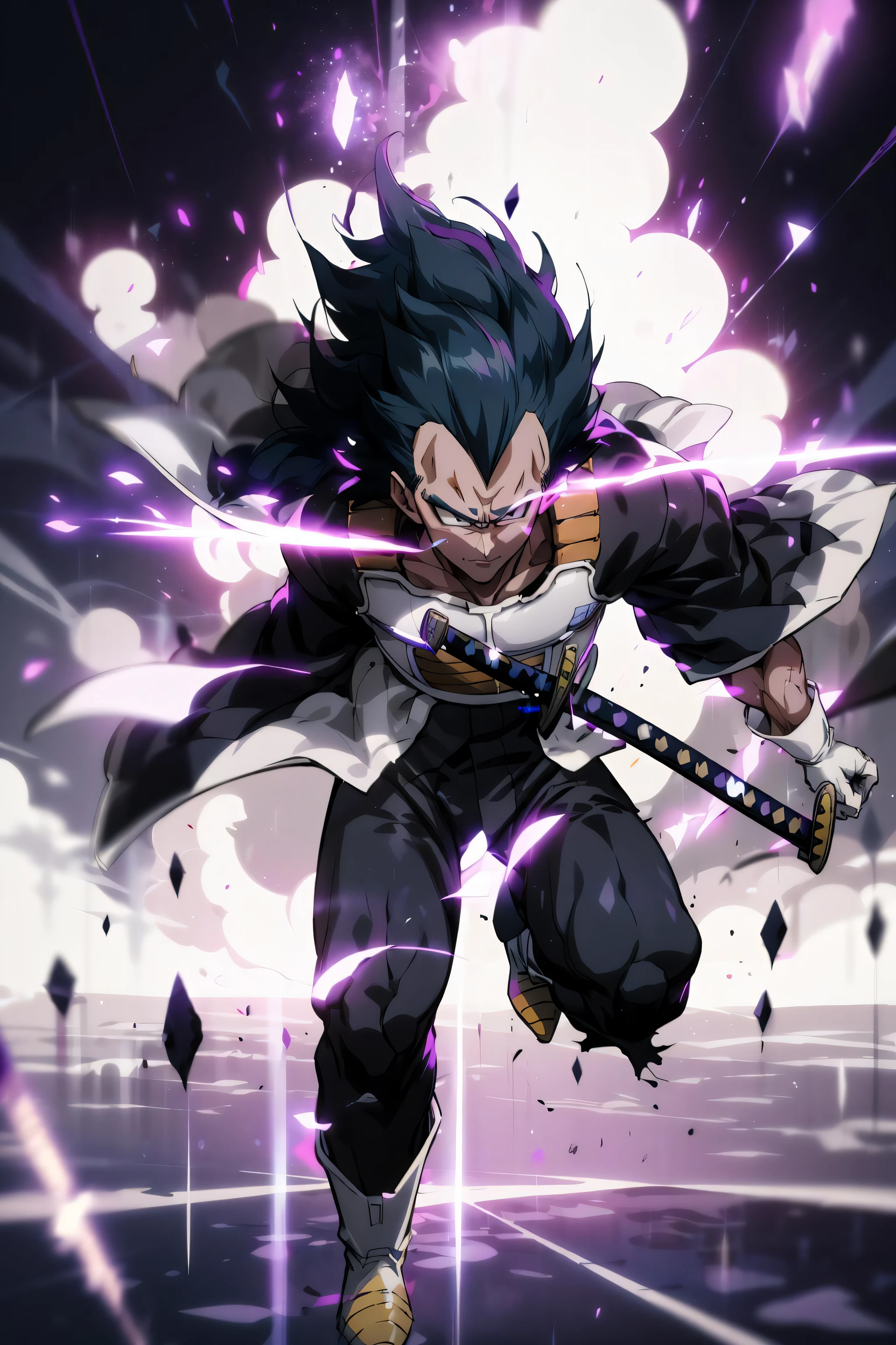 masterpiece, best quality, 1boy, vegeta, Black hair, upper white armor, kimono black clothes, white gloves, white boots, black eyes, spiky hair, hollow mask, (katana:1.4), zanpakutou, smiling,( at night:1.4), night, low light, natural light, fighting pose, damaged clothes, damaged skin, street, japanese street, low light, light rays, aura power, (purple particles:1.4),(floating particles:1.4), doing a power, angry eyes, looking ahead, male focus, muscles, movie composition, deth of field, bokeh, standing, full body