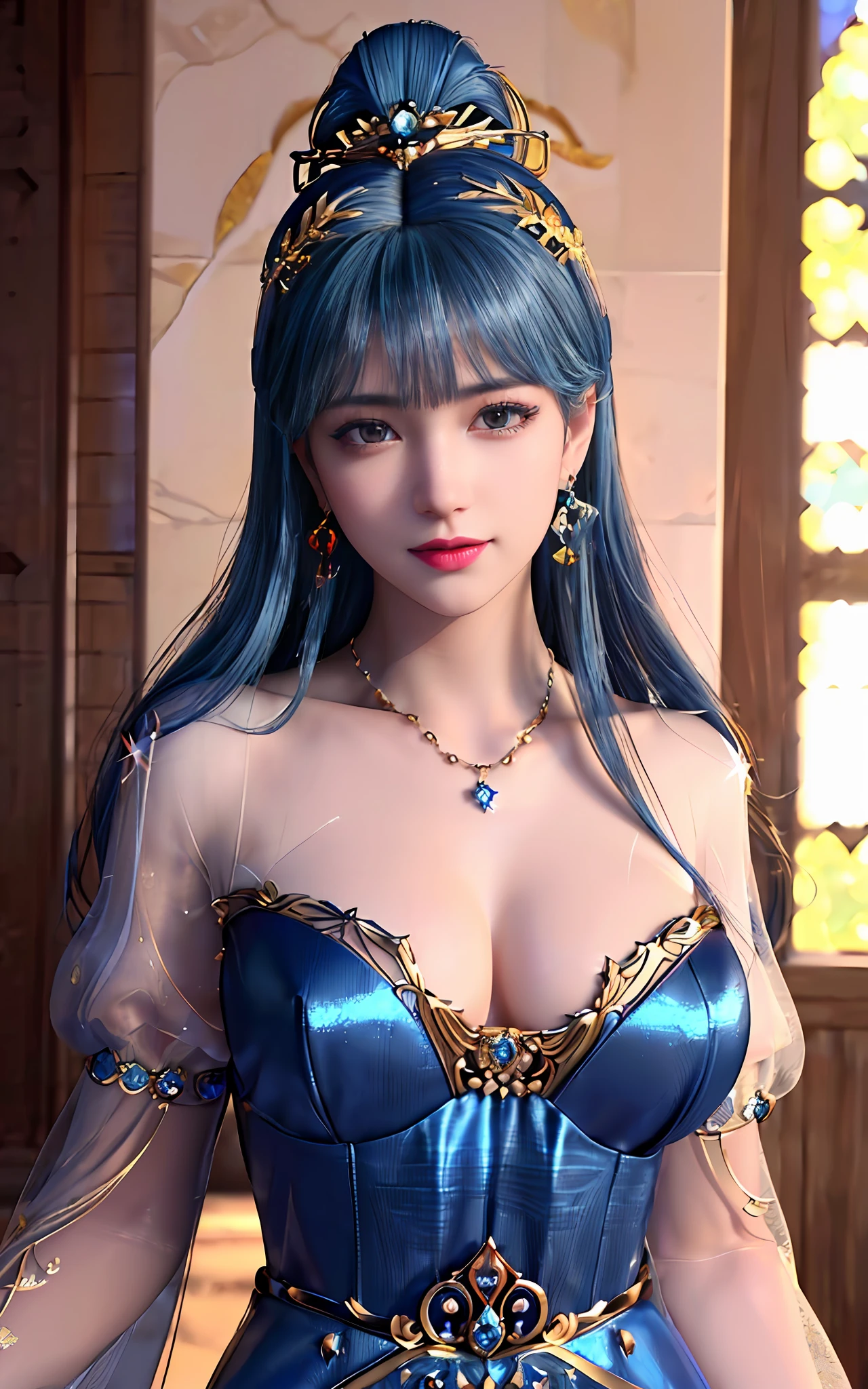 ((realisticity: 1.2)), ((best resolution: 8K UHD)), best quality,masterpiece,highres,cg,
((1 super detailed and super realistic girl)), ((very beautiful queen dazzling, super realistic, and super detailed)),((white skin, beautiful, smooth, youthful, super realistic and super detailed
)), long hair, ((super realistic and super detailed dress)), solo, ((super realistic, super beautiful, gorgeous and super detailed jewelry)), ((super beautiful, super realistic and super detailed dark blue and golden yellow dress)),
((super beautiful, super realistic, super detailed diamond filled earrings)),
((super beautiful, super realistic and super detailed diamond filled hair ornament)), ((super beautiful upper body, super beautiful, super realistic and super detailed)), ((big breasts: 2.5)),
((super grand, super realistic and super detailed royal palace backgroun))
((super beautiful, super beautiful, super realistic and super detailed hair bun)), ((super beautiful, super realistic and super detailed blue hair)),
candid, Photograph, high resolution, 8k,Bokeh,
