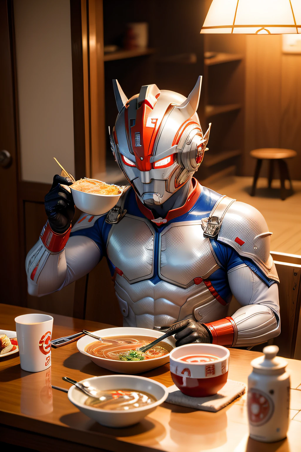 Ultraman eats ramen at the Imperial Palace