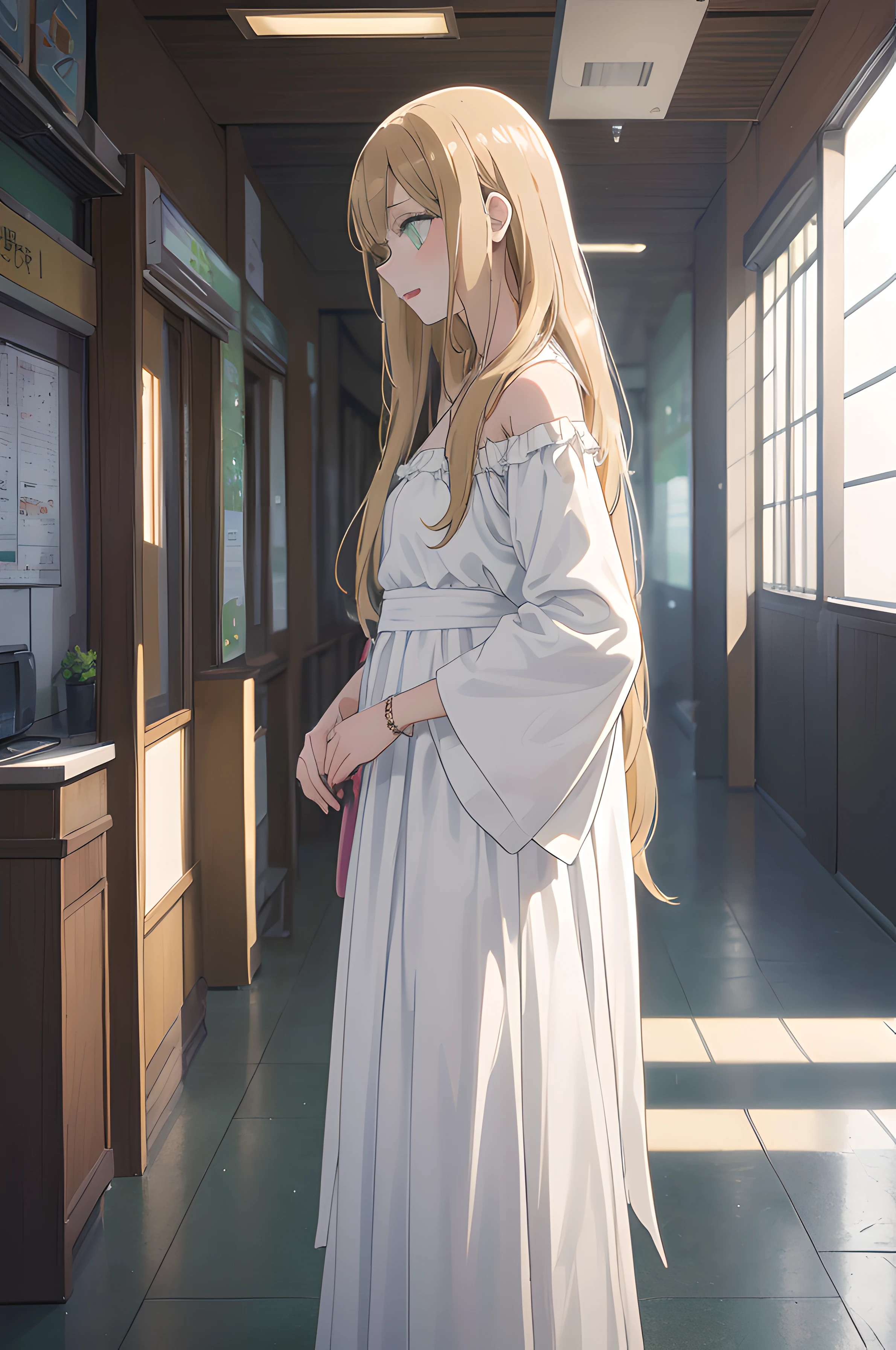 8k, raw camera, highres, detailed, masterpiece, portrait, photorealistic, hyperrealist, aesthetic, beautiful, best quality, highly detaile, best quality clothing, aesthetic clothings, professional angle, rule of thirds, Feminine, delicate, beautiful, 19 years, attractive Japanese, solo, 1 girl, (Akane Kinoshita), (In Train Station Japanese), (Full body), ((From Semi Profile) Shallow Depth of Field), Some People in the Background, ((Worried)), (Long Hair, Blonde Hair), (Loose Hair, -, Very Straight Hair), ((-)), (Light Green Eyes, Open Eyes, Cheerful Gaze), (-, Holding a bag), (Standing, Mouth Closed), -, Beautiful Bracelet, (Small Bust), ((Long White Dress, -)), (-, -), (-), beautiful body, beautiful eyes, shiny eyes, shiny hair, beautiful mouth, beautiful lips, beautiful skin, beautiful teeth, perfect teeth, beautiful face