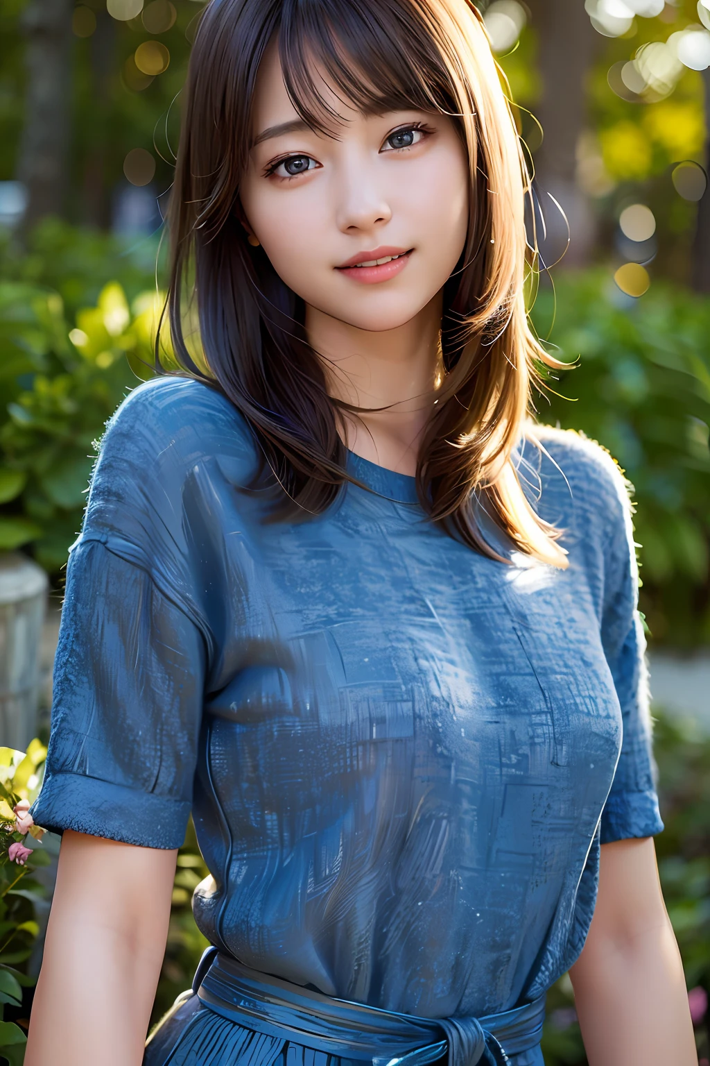 (8k, RAW photo, best quality, masterpiece:1.2), (realistic, photo-realistic:1.37), ultra-detailed, ultra high res,1 girl,looking at viewer,beautiful detailed face,smile,narrow,(slim waist:1.3),shirt, beautiful detailed skin, skin texture, floating hair,professional lighting,