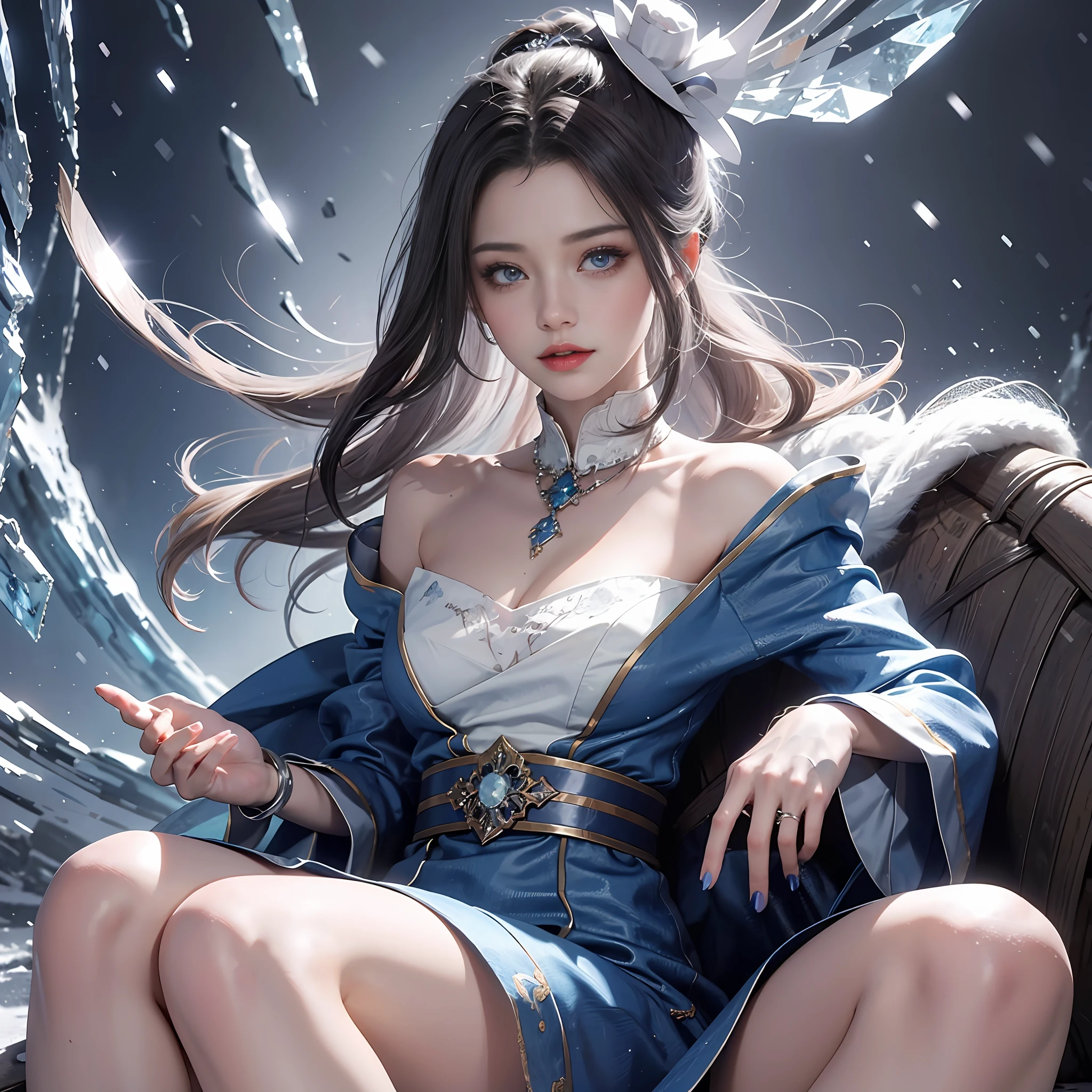 official art, Unity 8k wallpaper, a girl, most beautiful, medium breath, detailed fingers, crystallized clothes, color, white color, royal design, realistic detailed eye, dim lightning, snow falling, feeling romancing, sitting, whole body capture,
